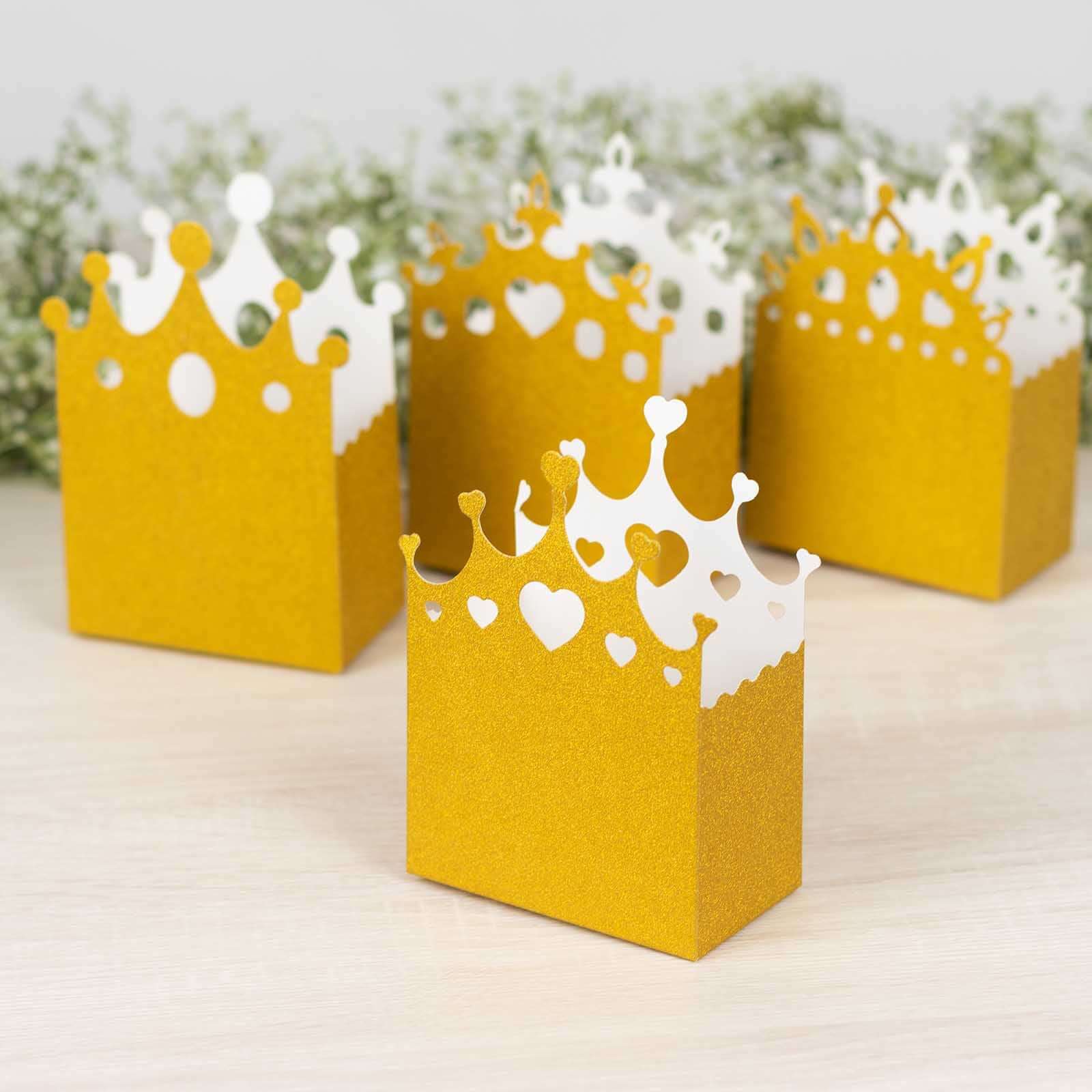Hot Sale! 20-Pack Gold Glitter Princess Crown Cardstock Favor Boxes for Weddings, Birthdays & More