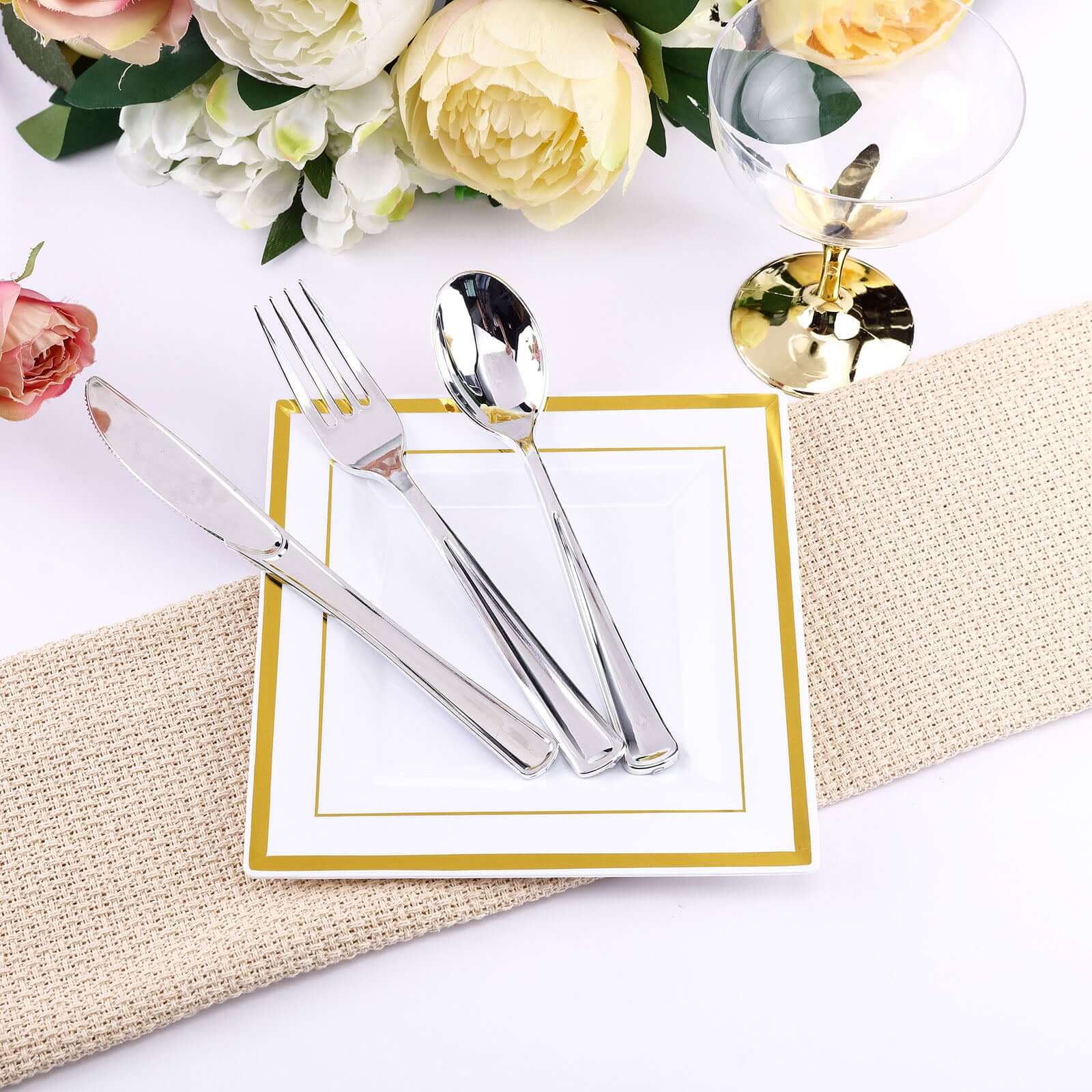 10-Pack Disposable White Square Salad & Dessert Plates with Gold Trim, 7" Size