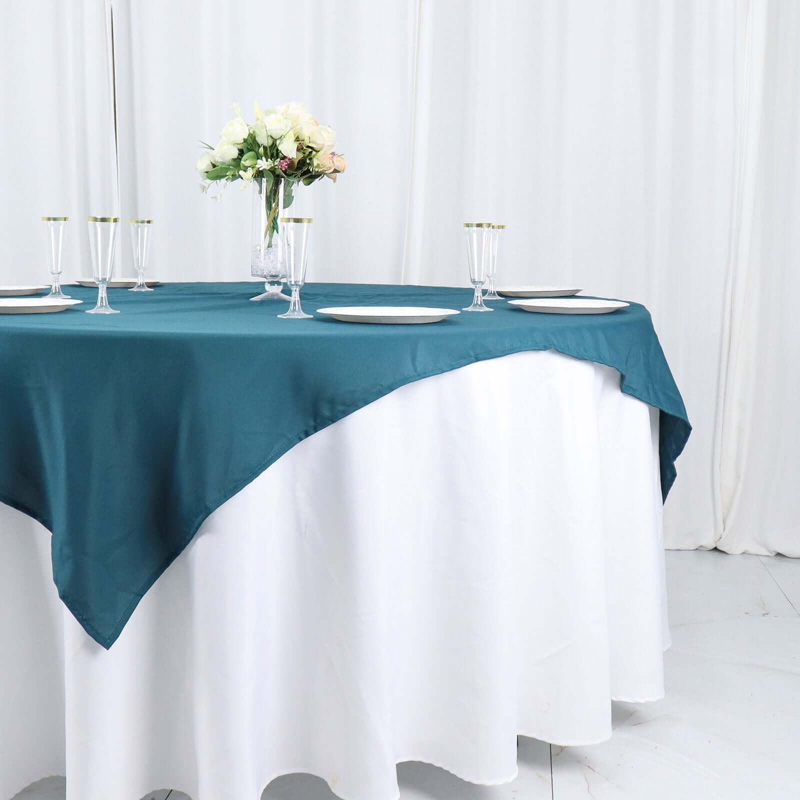 Wrinkle-Resistant & Durable Peacock Teal Polyester Square Table Overlay Tablecloth, 54x54