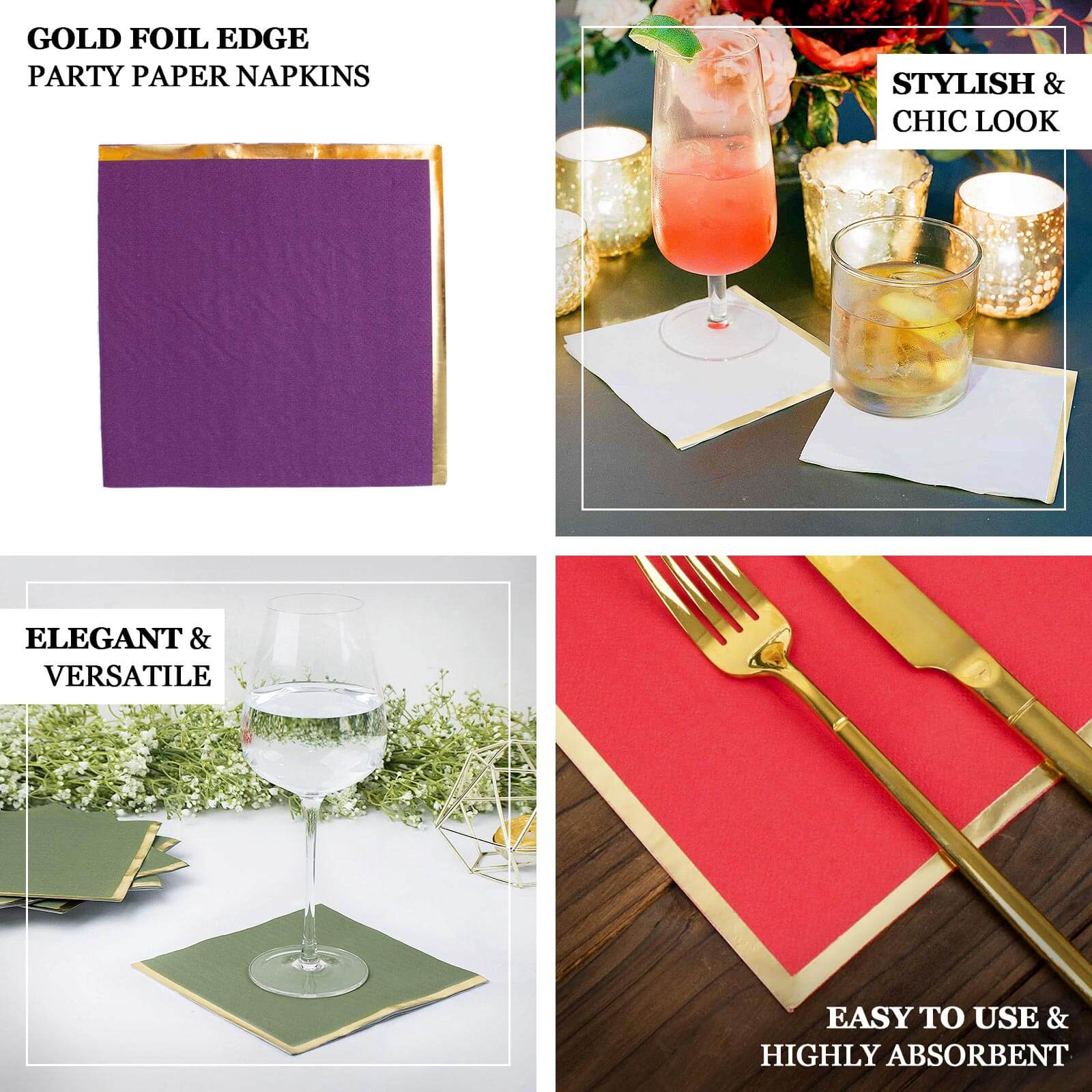 Hot! 50-Pack Red Disposable 2-Ply Cocktail Napkins with Gold Foil Edge, 6.5x6.5