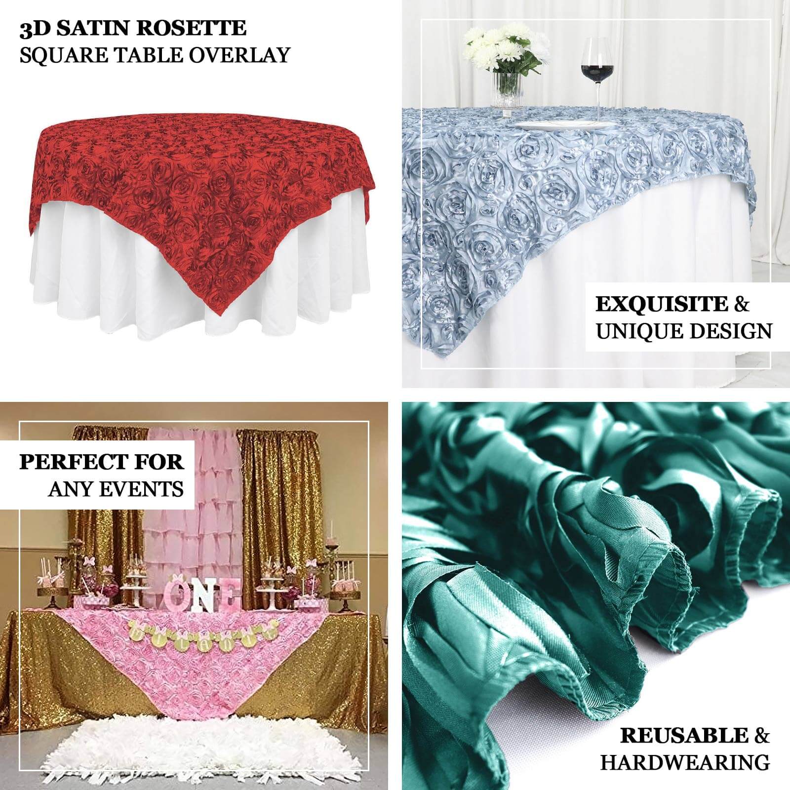 Stylish White Satin 72x72 Square Table Overlay with 3D Rosette Design for Special Occasions