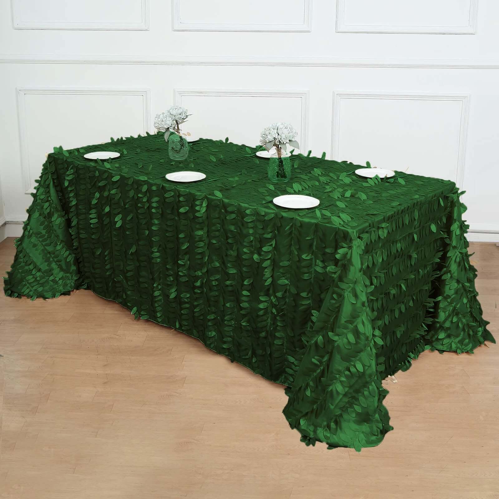 Exclusive Green Taffeta Rectangle Tablecloth with 3D Leaf Petal Design