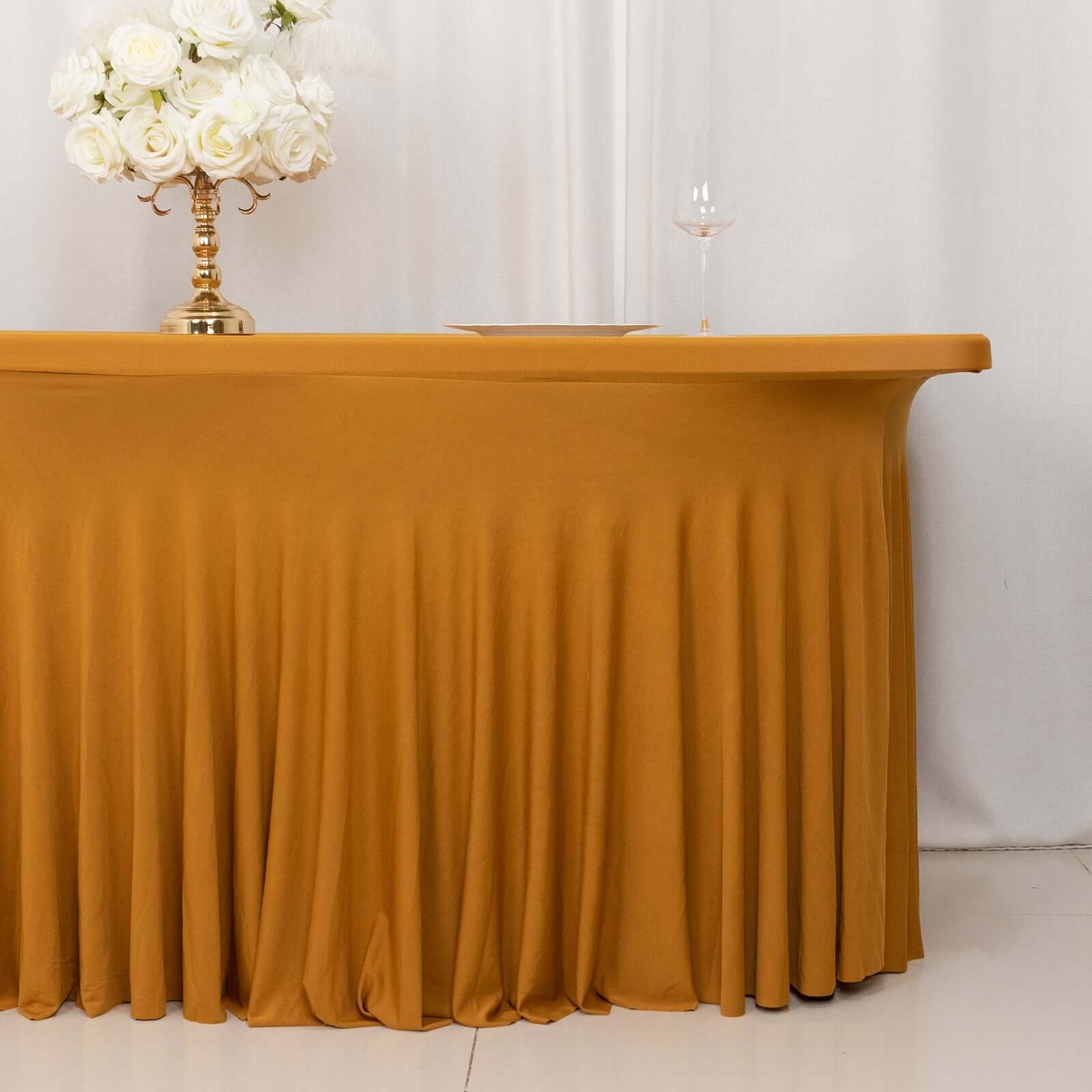 Stylish Gold Spandex Table Skirt with Wavy Effect for Weddings, Banquets & Shows