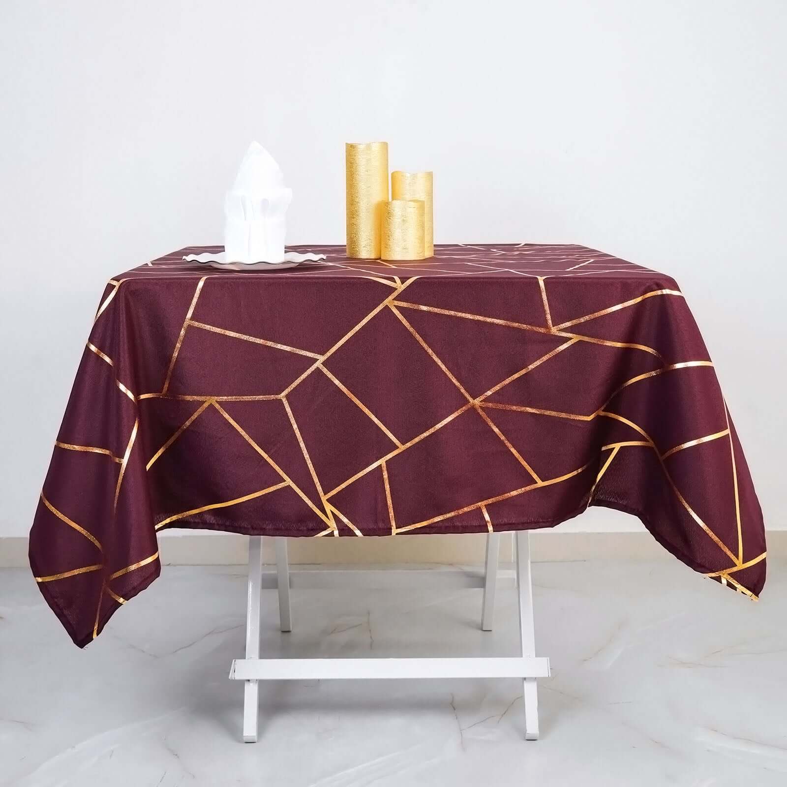 Hot! Wrinkle-Resistant & Durable Burgundy Polyester Table Overlay with Gold Foil Geometric Pattern, 54x54