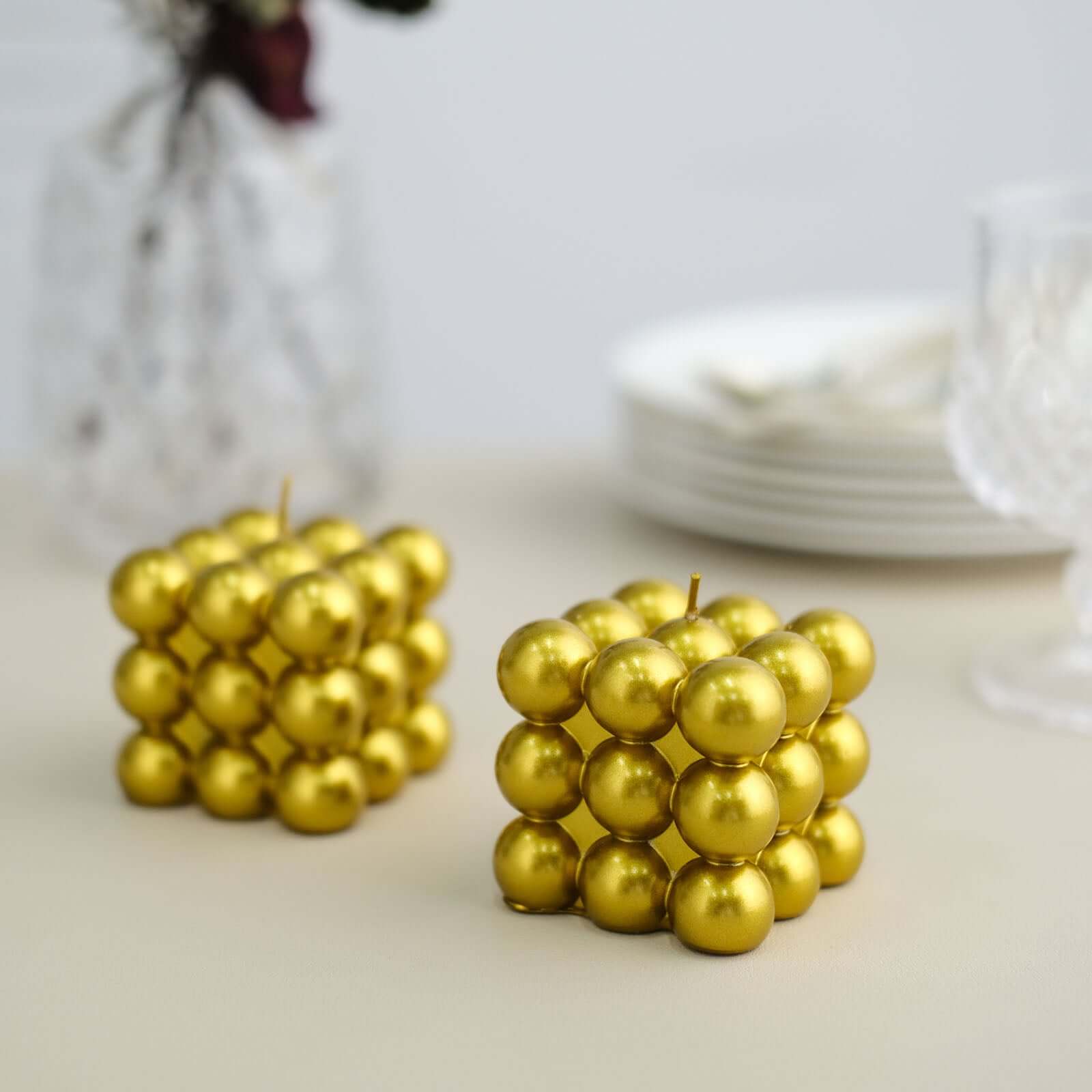 2-Pack Long Burning Unscented Metallic Gold Bubble Cube Paraffin Wax Pillar Candles