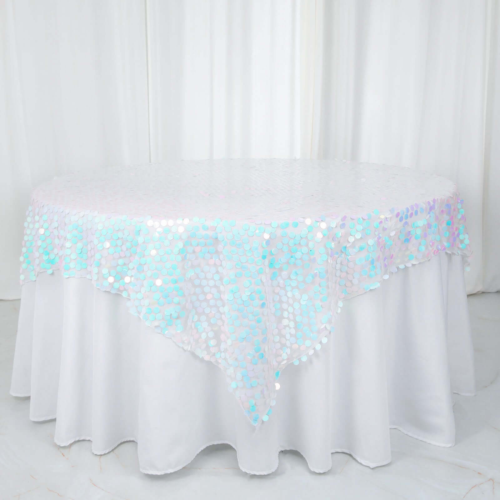 18mm Sequin 72x72 Square Table Overlay in Iridescent Blue for Big Tables