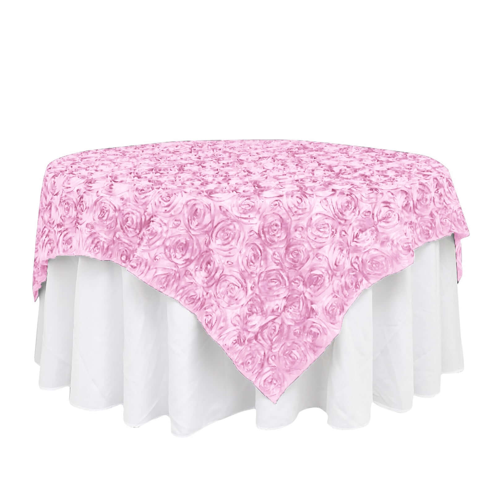 Pink 72x72 Satin Square Table Overlay with 3D Rosette Design