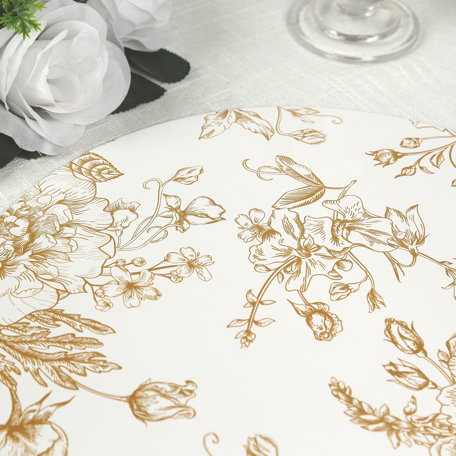 6-Piece Disposable White/Gold French Toile Print Cardboard Placemats, 13-Inch
