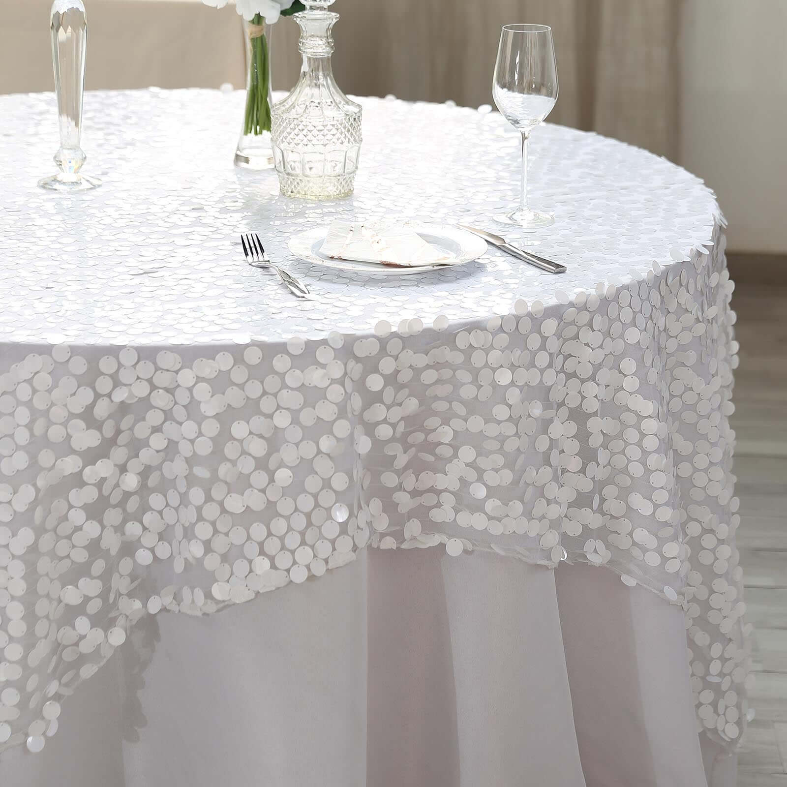 Big Payette White Sequin 72x72 Square Table Overlay for Elegant Celebrations