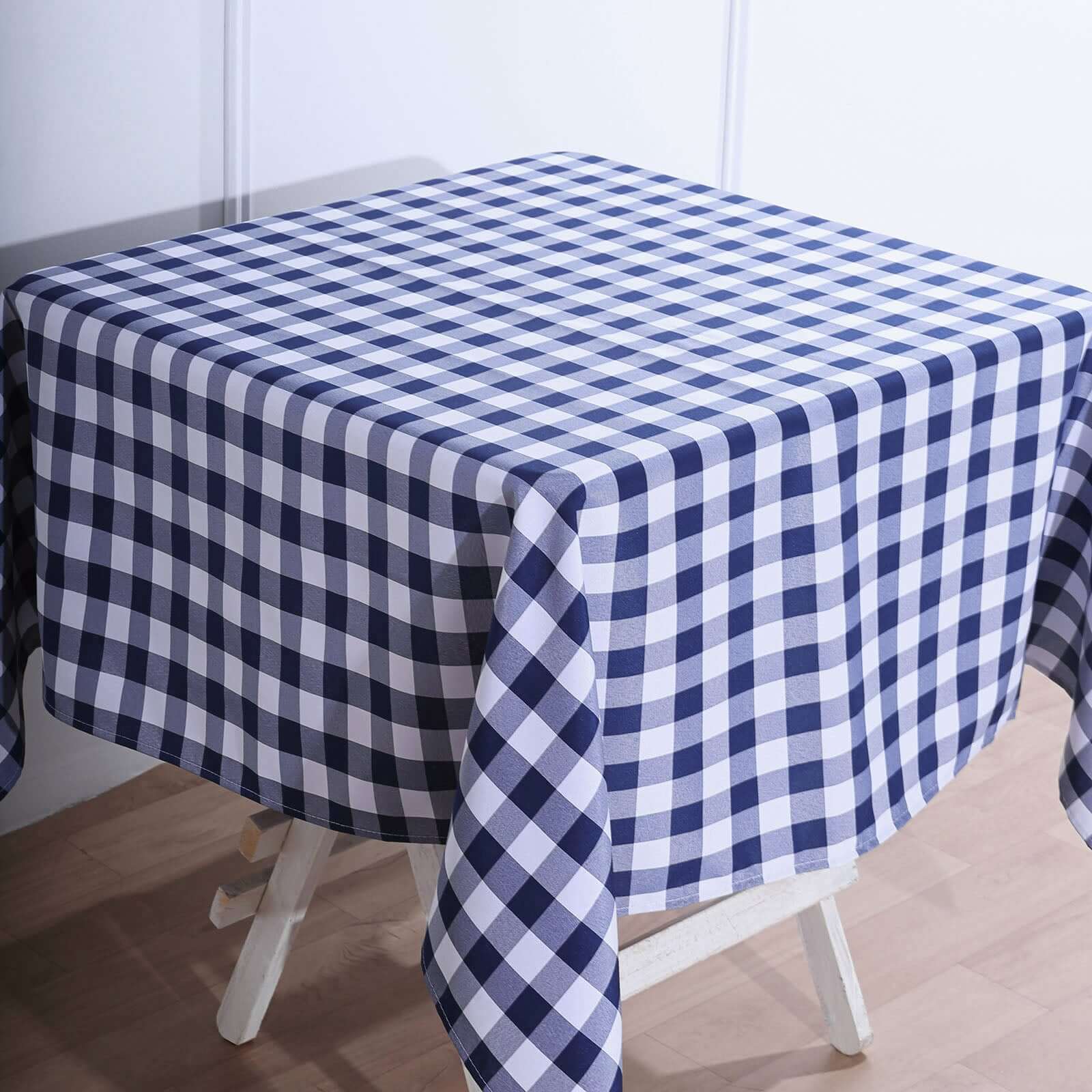Hot! White/Navy Blue Checkered Buffalo Plaid Polyester 54x54 Square Tablecloth for Casual Tables