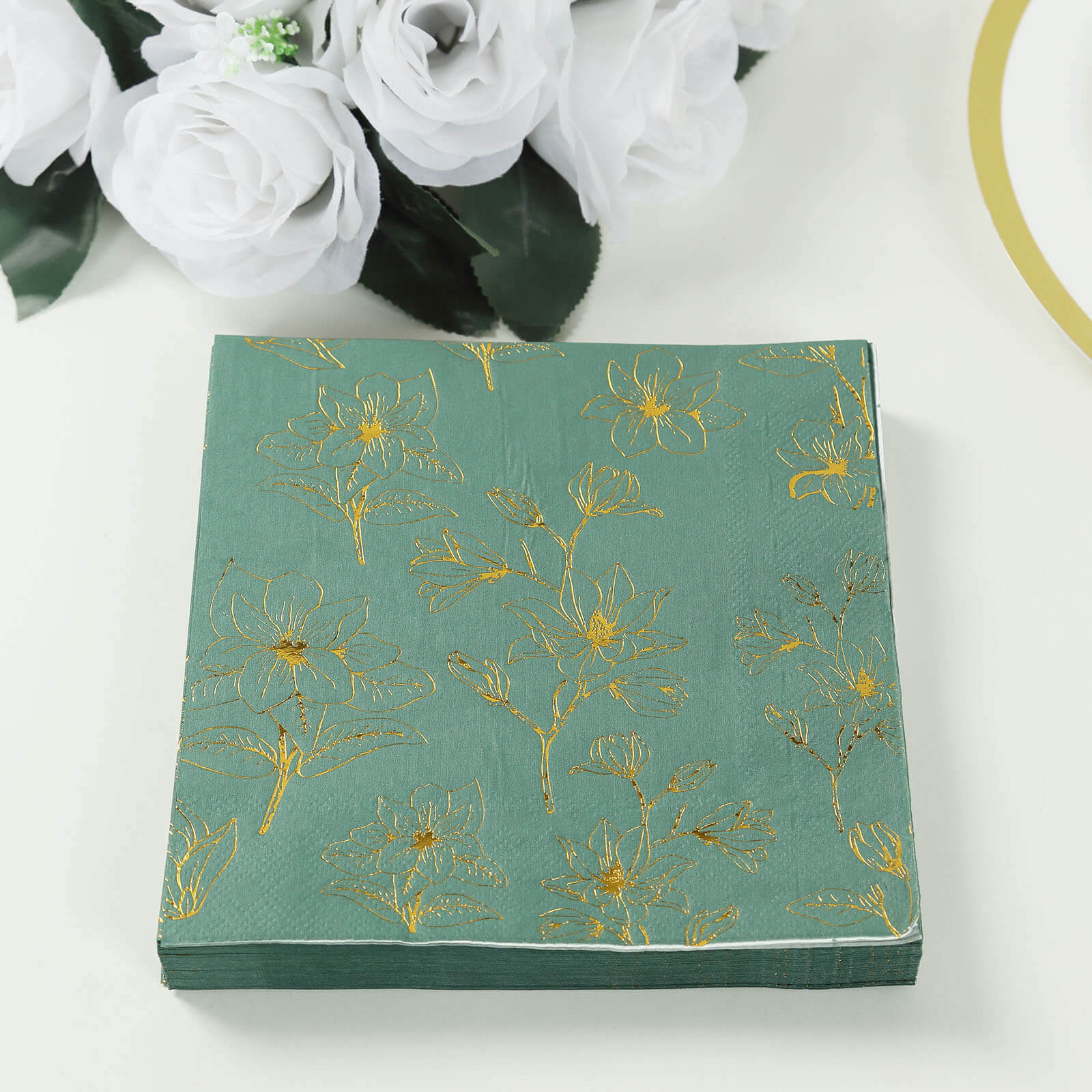 Get 50-Pack 2-Ply Absorbent Paper Cocktail Napkins with Gold Magnolia Prints in Dusty Sage Green