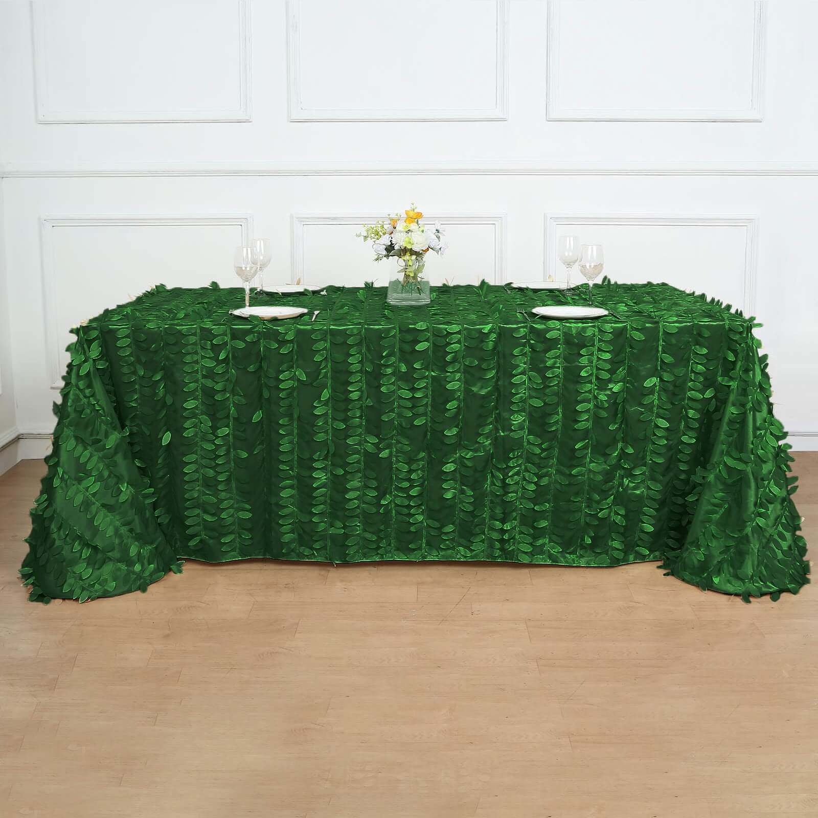 Exclusive Green Taffeta Rectangle Tablecloth with 3D Leaf Petal Design