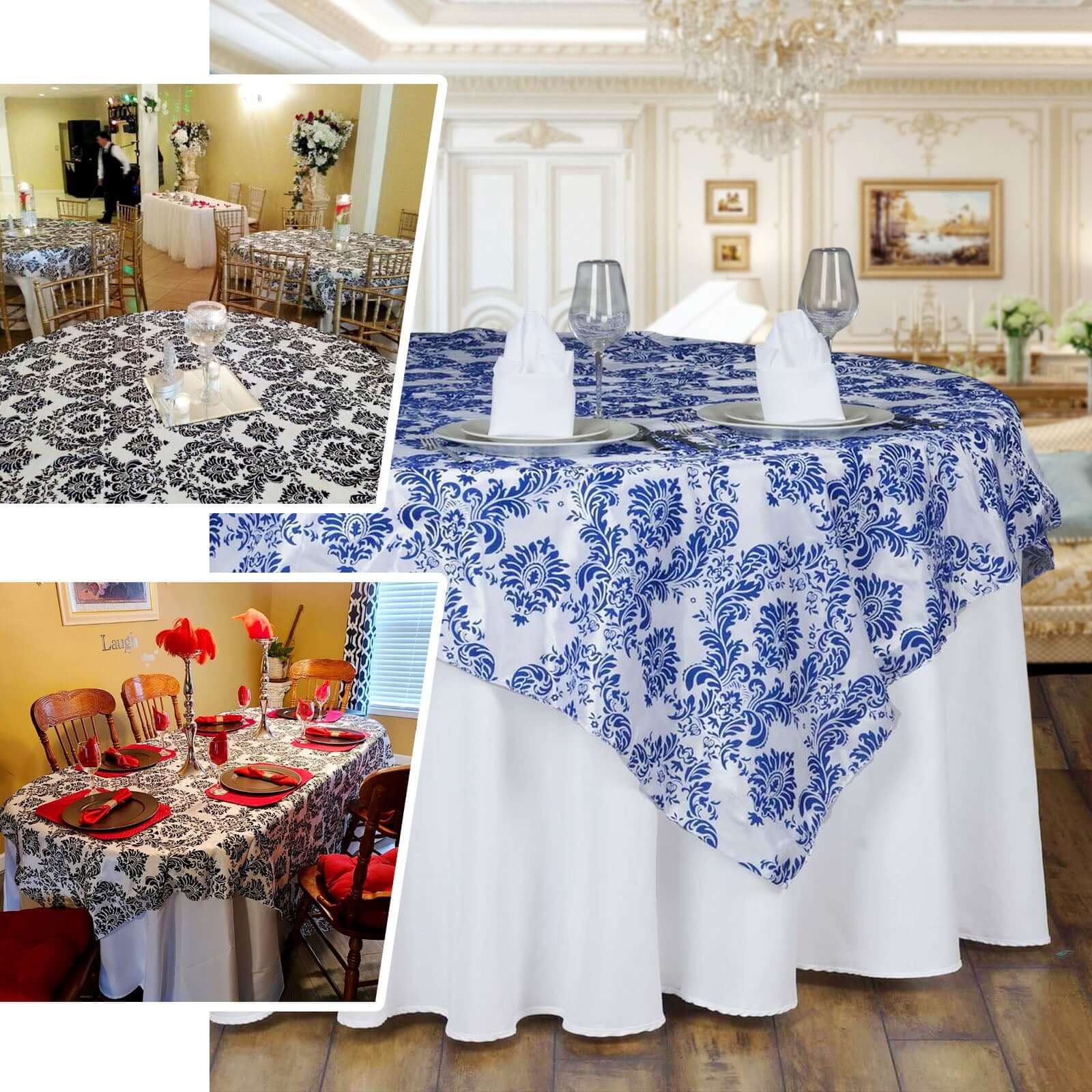 Black 90x90 Square Flocking Table Overlay with Damask Design for Elegant Events