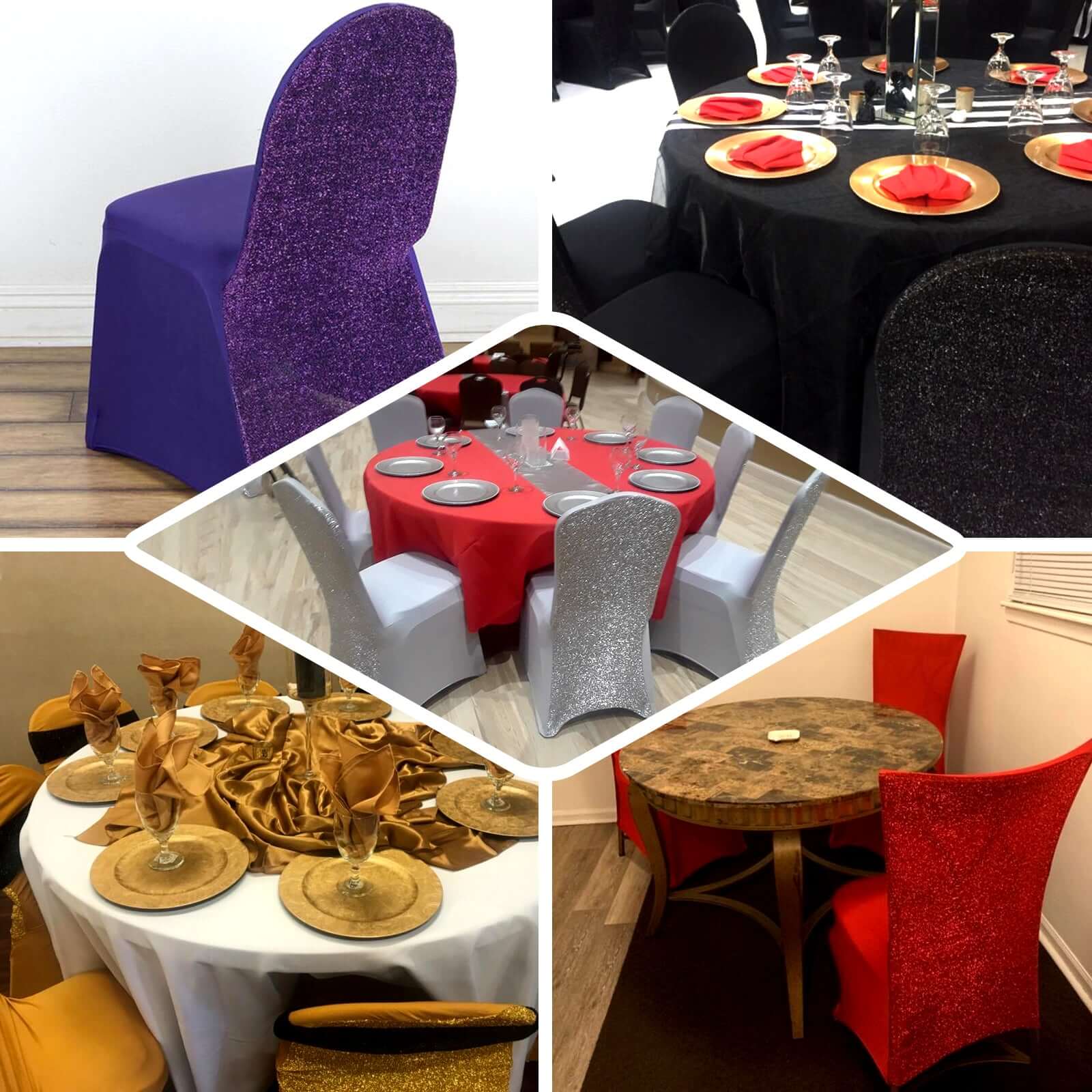 Hot! Purple Fitted Spandex Banquet Chair Cover with Metallic Shimmer Tinsel Back