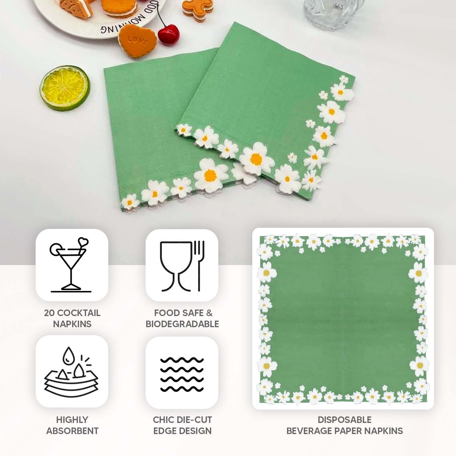 20-Piece Sage Green Daisy Flower 2-Ply Soft 18GSM Paper Beverage Napkins 6.5x6.5