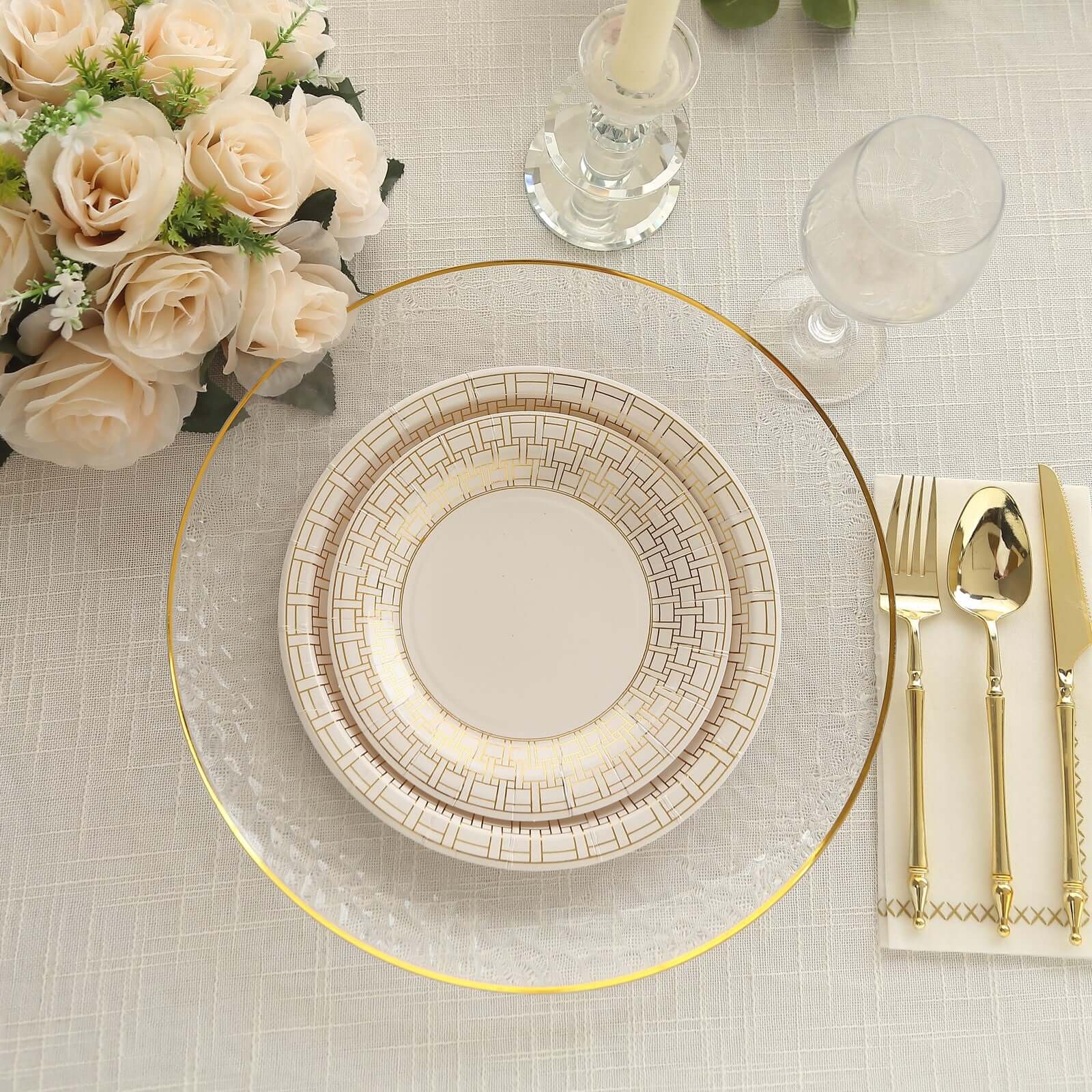 Get 25-Pack of Disposable 9-Inch White Paper Dinner Plates with Gold Basketweave Rim for Elegant Parties