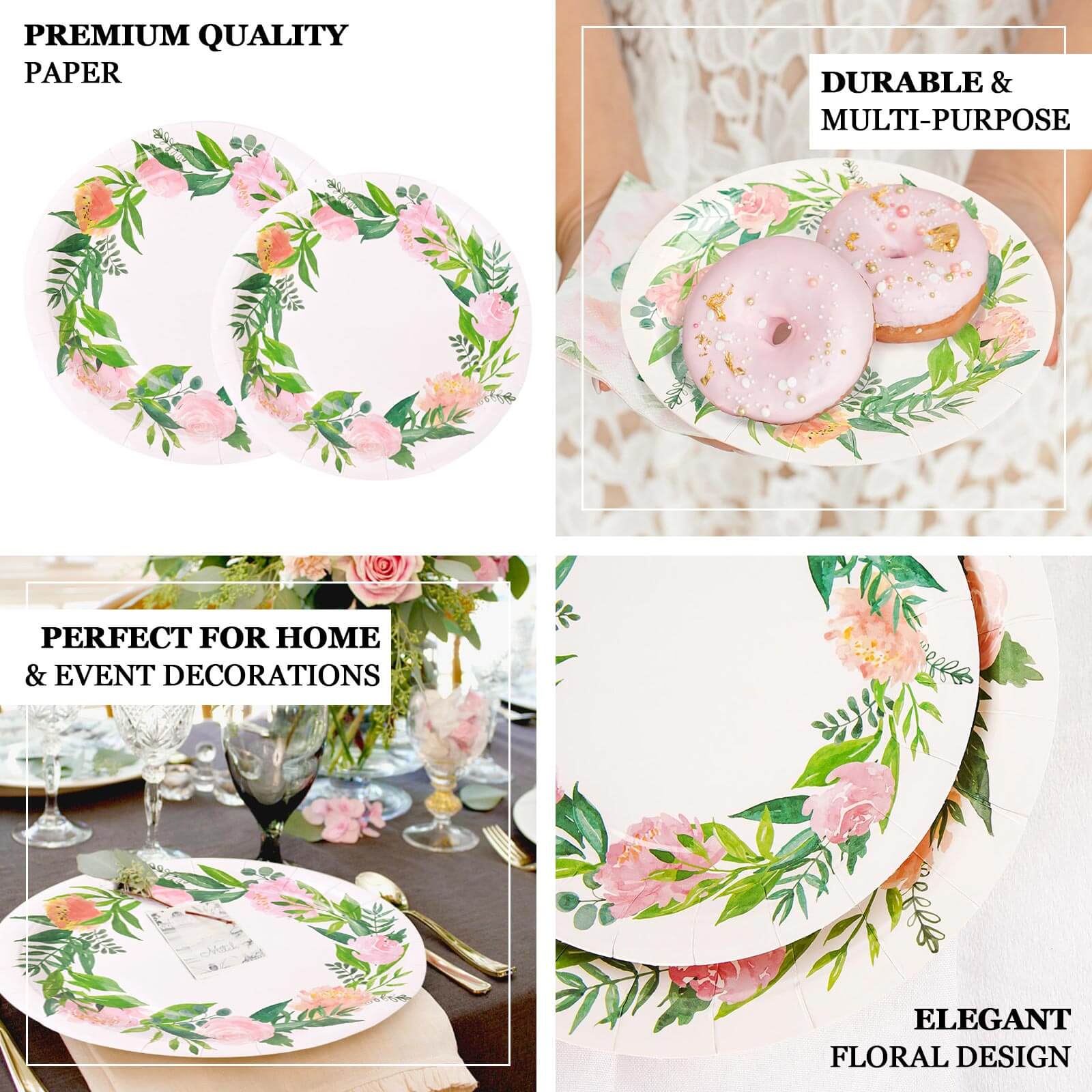 Hot Deal! 25-Pack 7" White Disposable Dessert Plates with Rose/Peony Wreath for Special Events