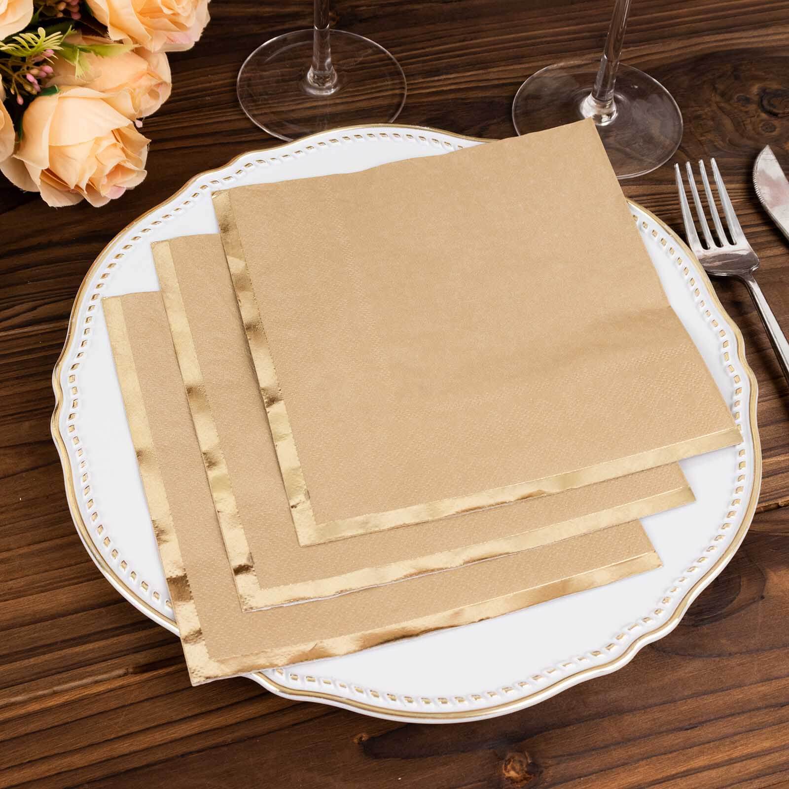 50-Pack Disposable 2-Ply Gold Foil Edge Natural Paper Beverage Napkins for Events