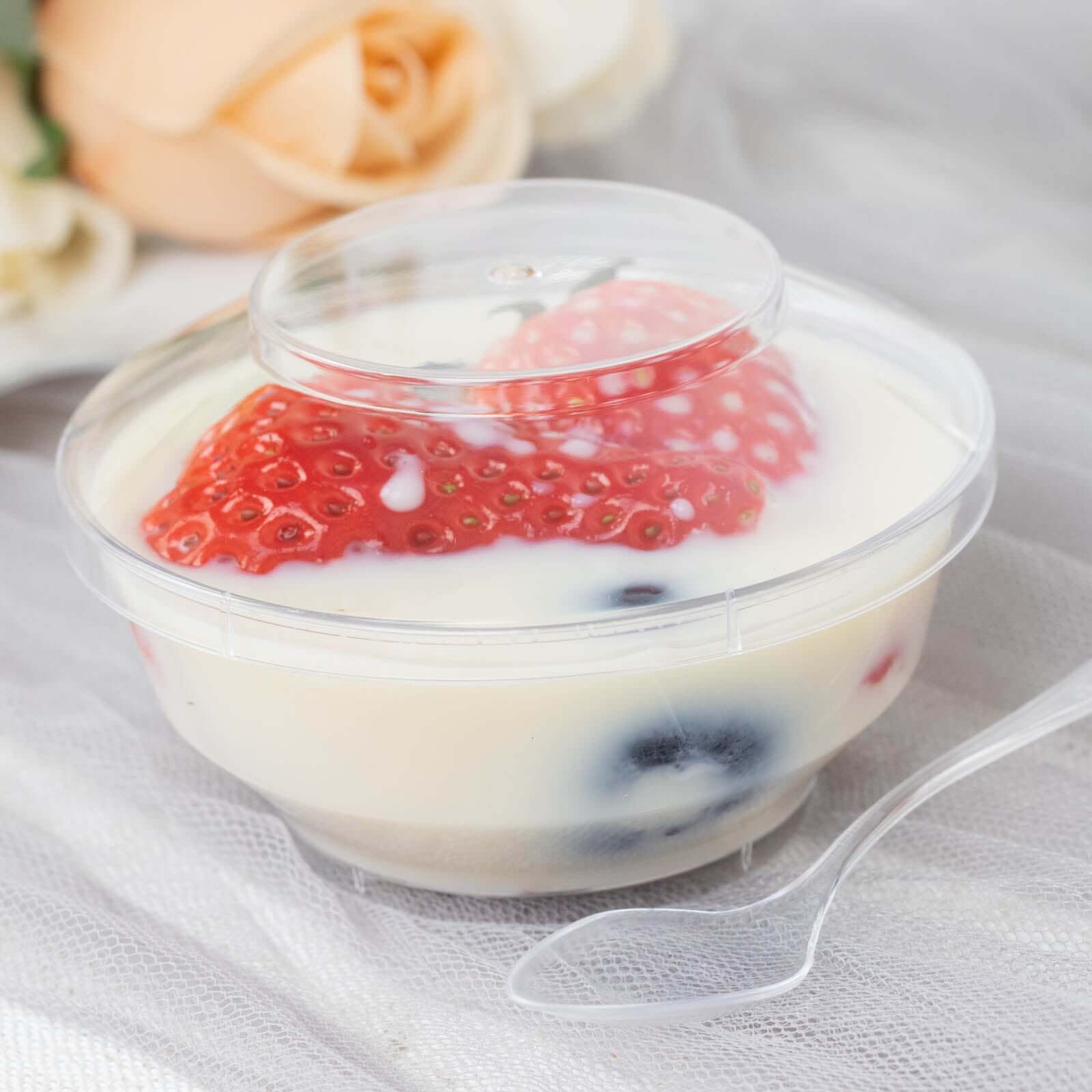 24-Piece Clear Plastic Mini Party Bowl Set with Lid and Spoon - 3.5oz Ideal for Desserts
