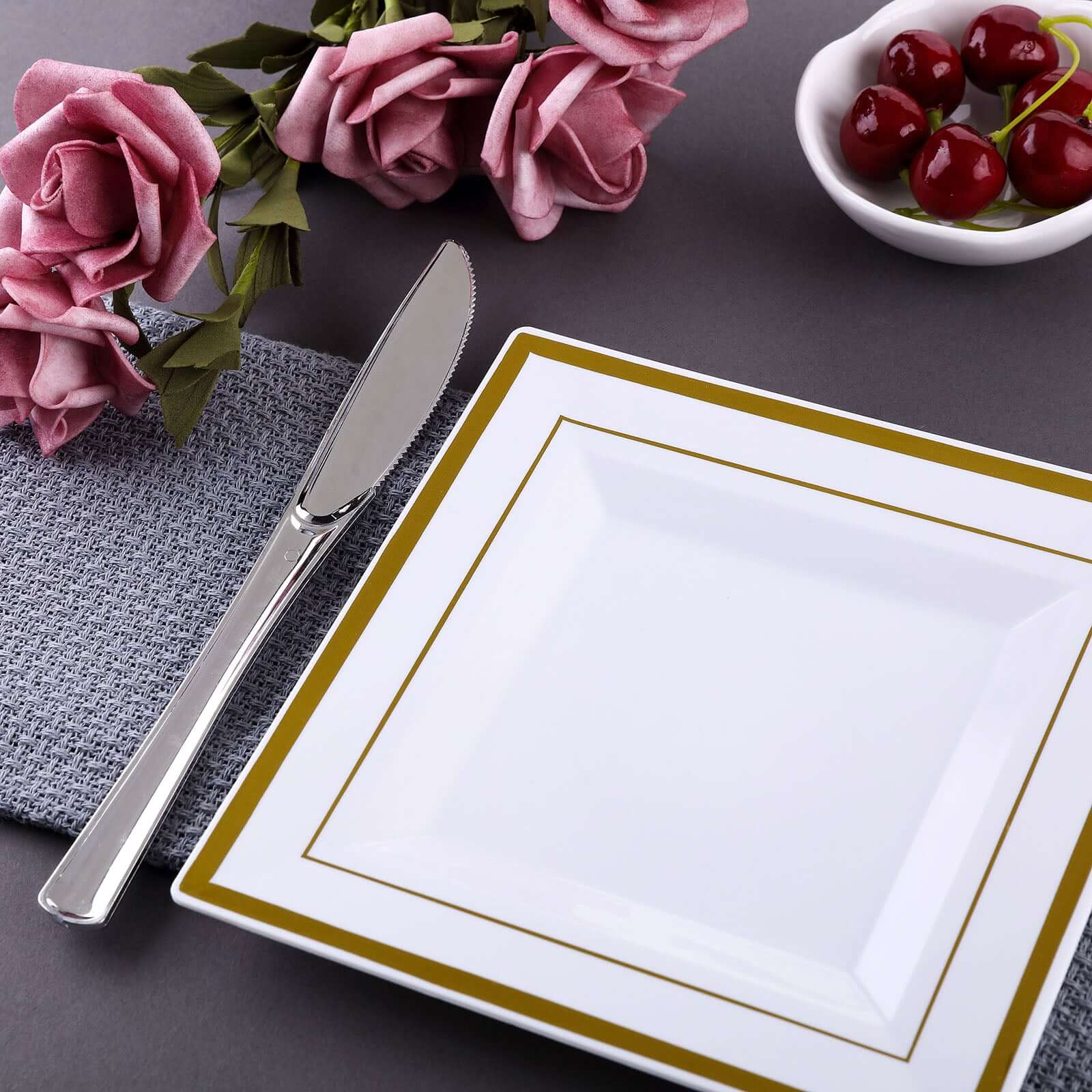 10-Pack Disposable White Square Salad & Dessert Plates with Gold Trim, 7" Size
