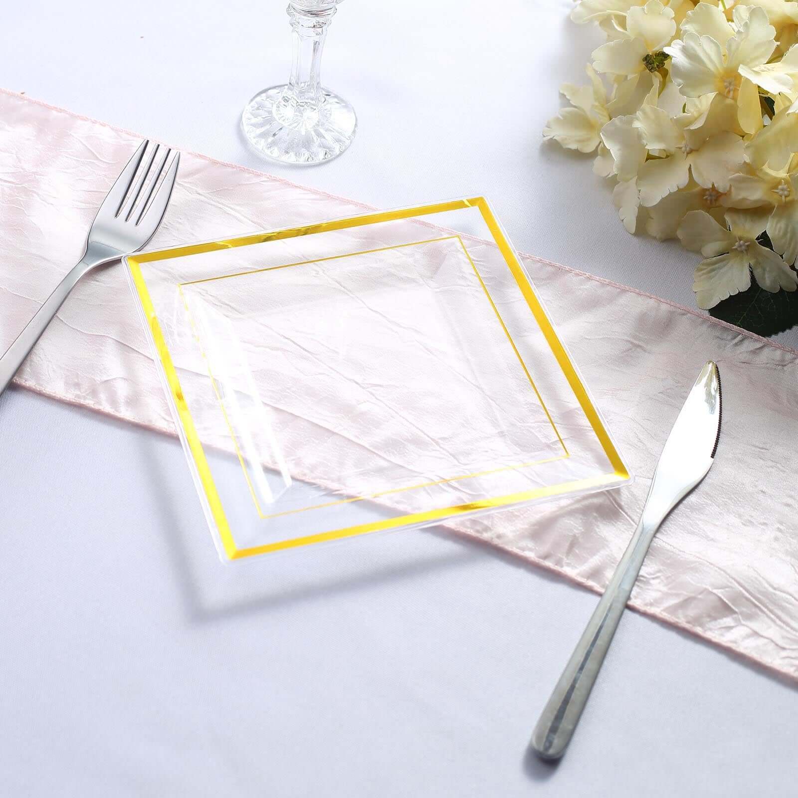 10-Pack Disposable Clear Square Salad & Dessert Plastic Plates with Elegant Gold Trim, 7 Inches