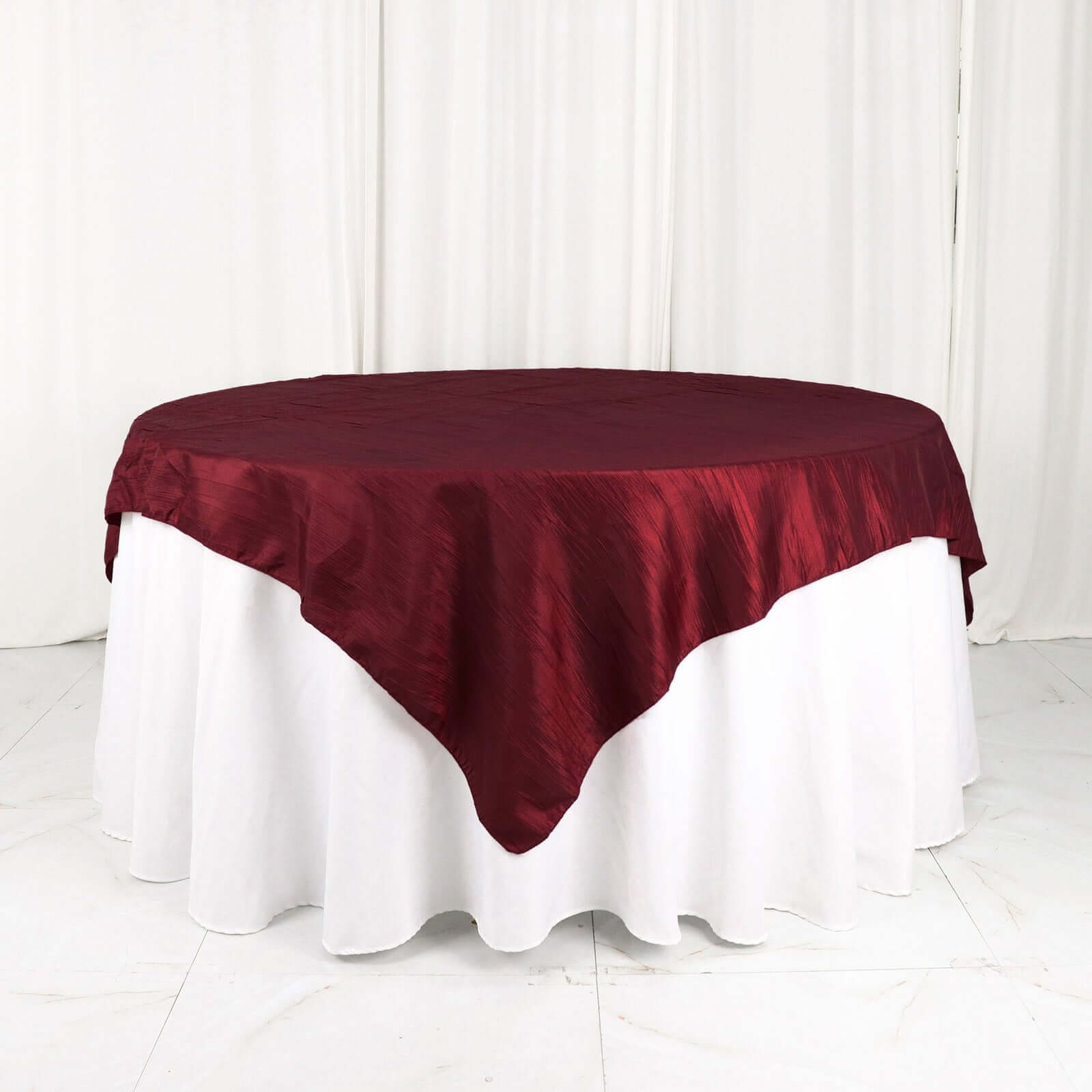 Hot! Burgundy 72x72 Square Accordion Crinkle Taffeta Table Overlay