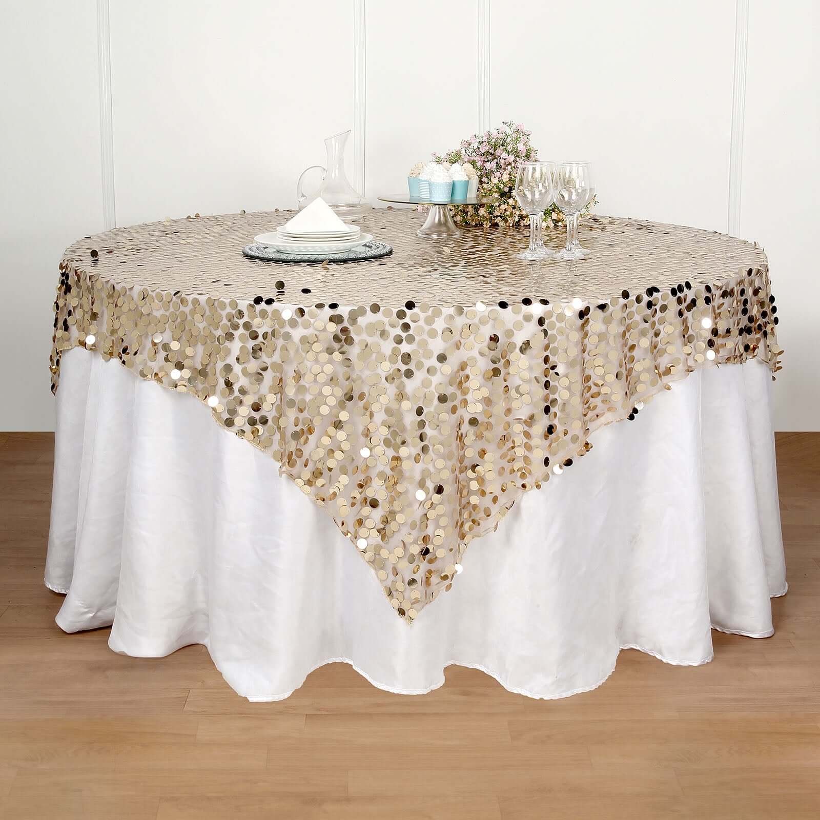 Champagne Sequin 72x72 Square Table Overlay for Big Payette Tables