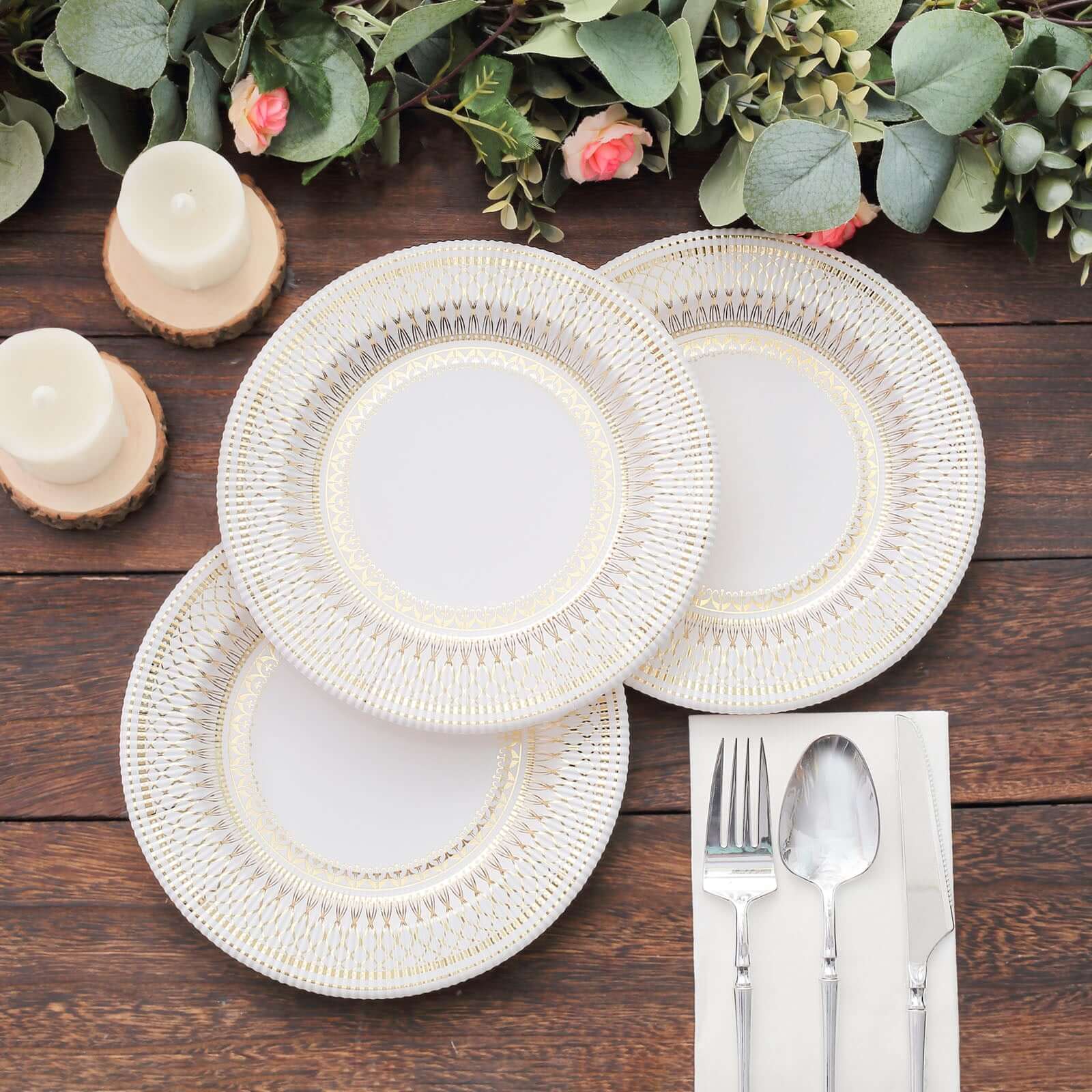 25-Pack Disposable 8-Inch White Salad Plates with Gold Vintage Porcelain Rim - Premium Quality