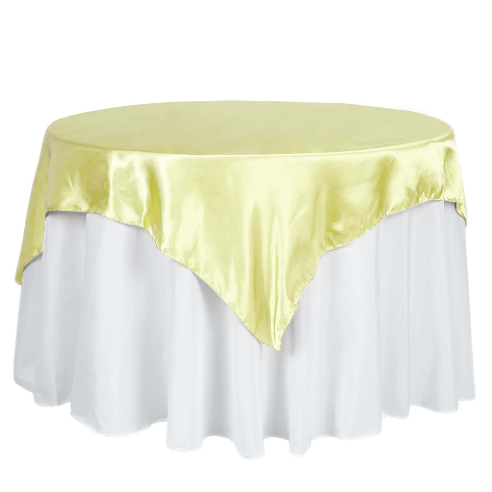 Hot Deal! 60x60 Yellow Satin Square Table Overlay - Smooth & Silky Table Cover