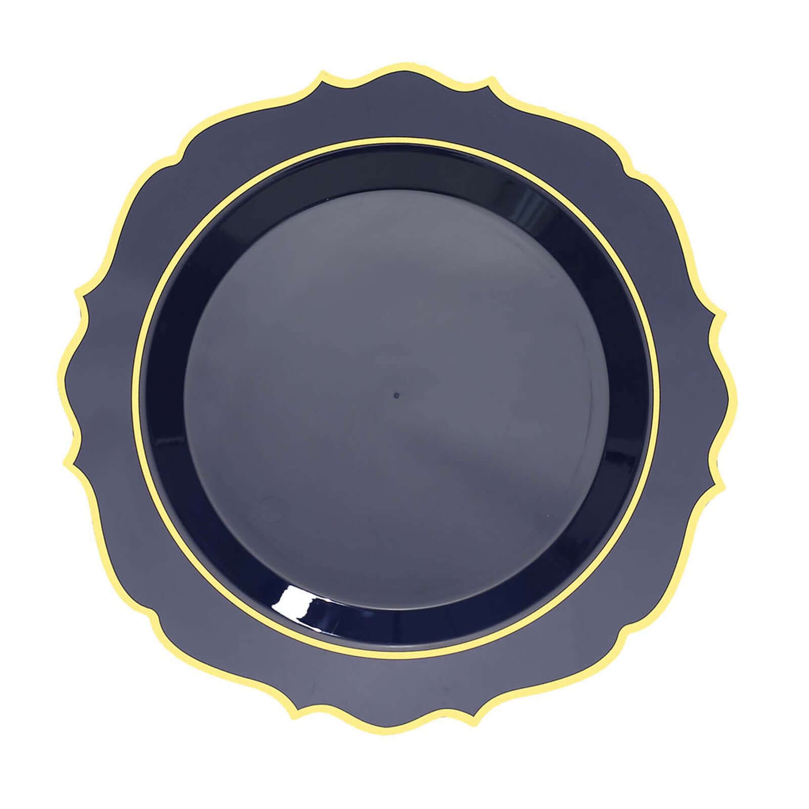 10-Pack Disposable Navy Blue Plastic Round Dinner Plates with Gold Scalloped Rims - Ideal for Parties