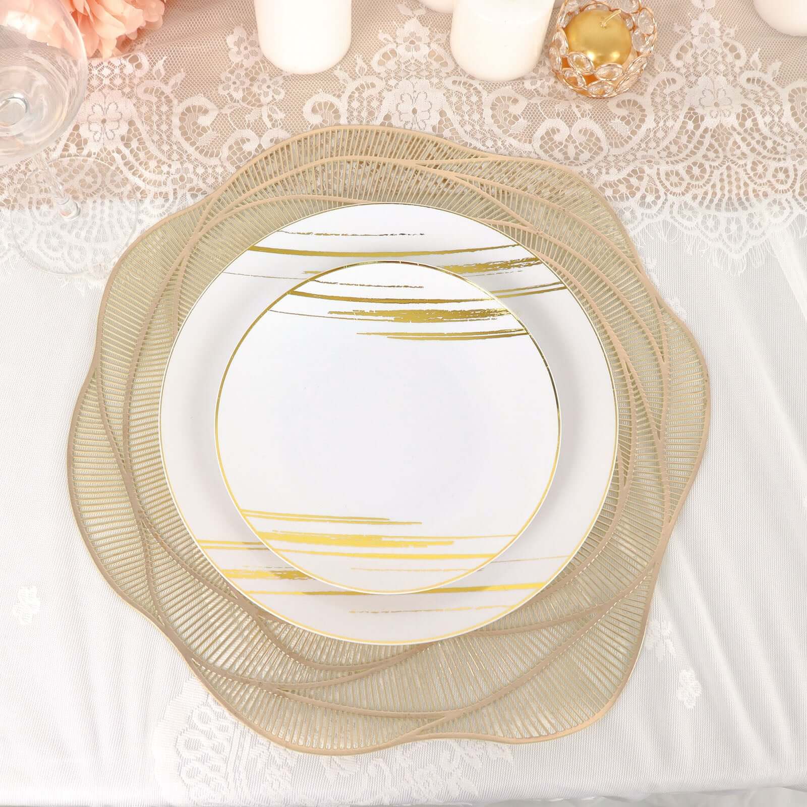 Hot Deal! 6-Pack Metallic Gold Rose Flower Vinyl Round Non-Slip Washable Dining Table Mats, 15"