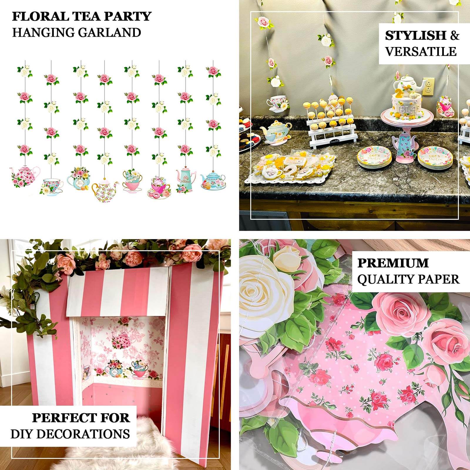 8-Pack Double-Sided Floral Tea Party Paper Garland Set: 40 Pre-Assembled Mixed Teapot Decorations