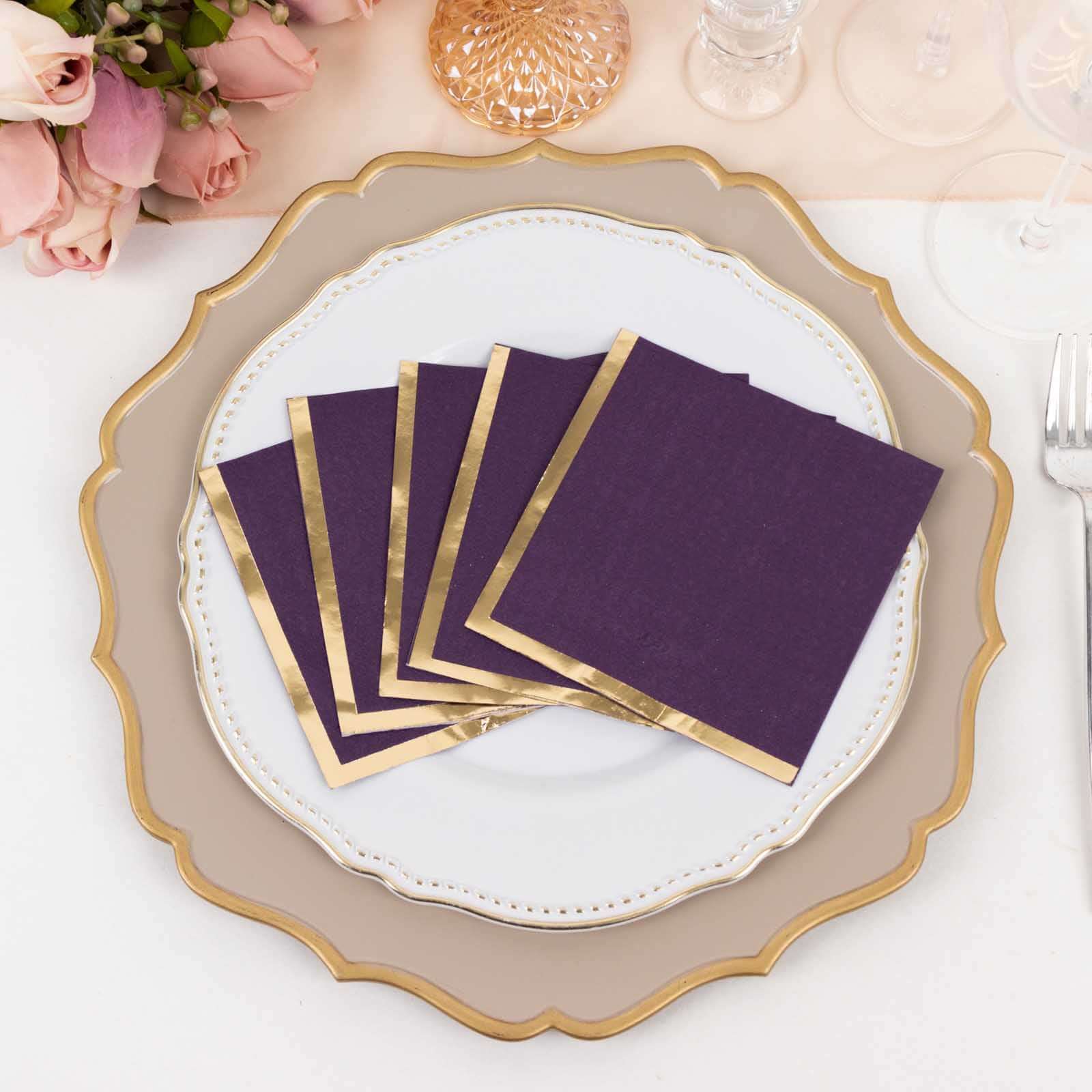 50-Piece 2-Ply Disposable Soft 18GSM Purple Cocktail Napkins with Gold Foil Edge, 5x5