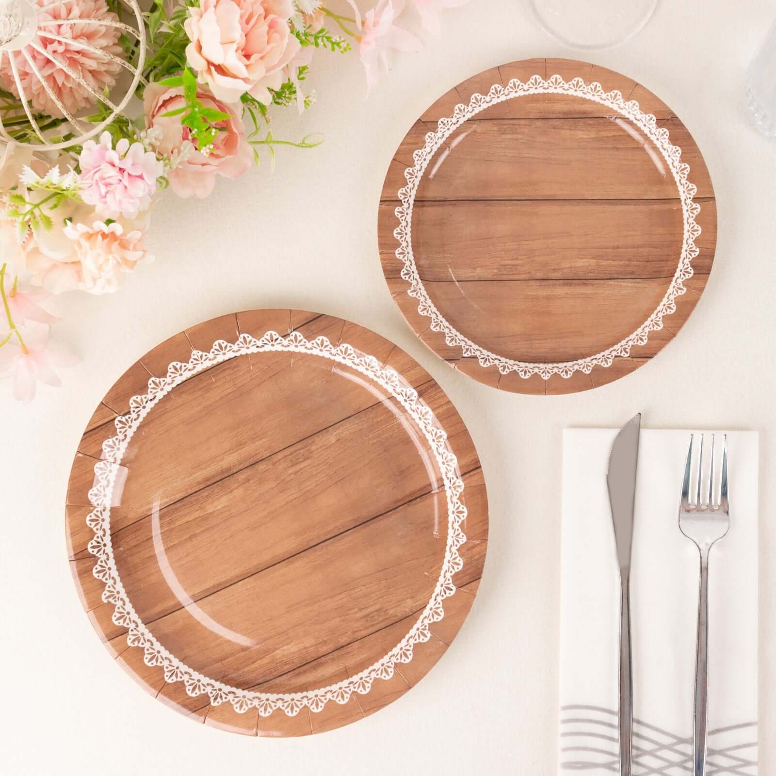 25-Piece Set of 9-Inch Round Disposable Dinner Plates in Brown Wood Grain with White Lace Rim for Rustic Events