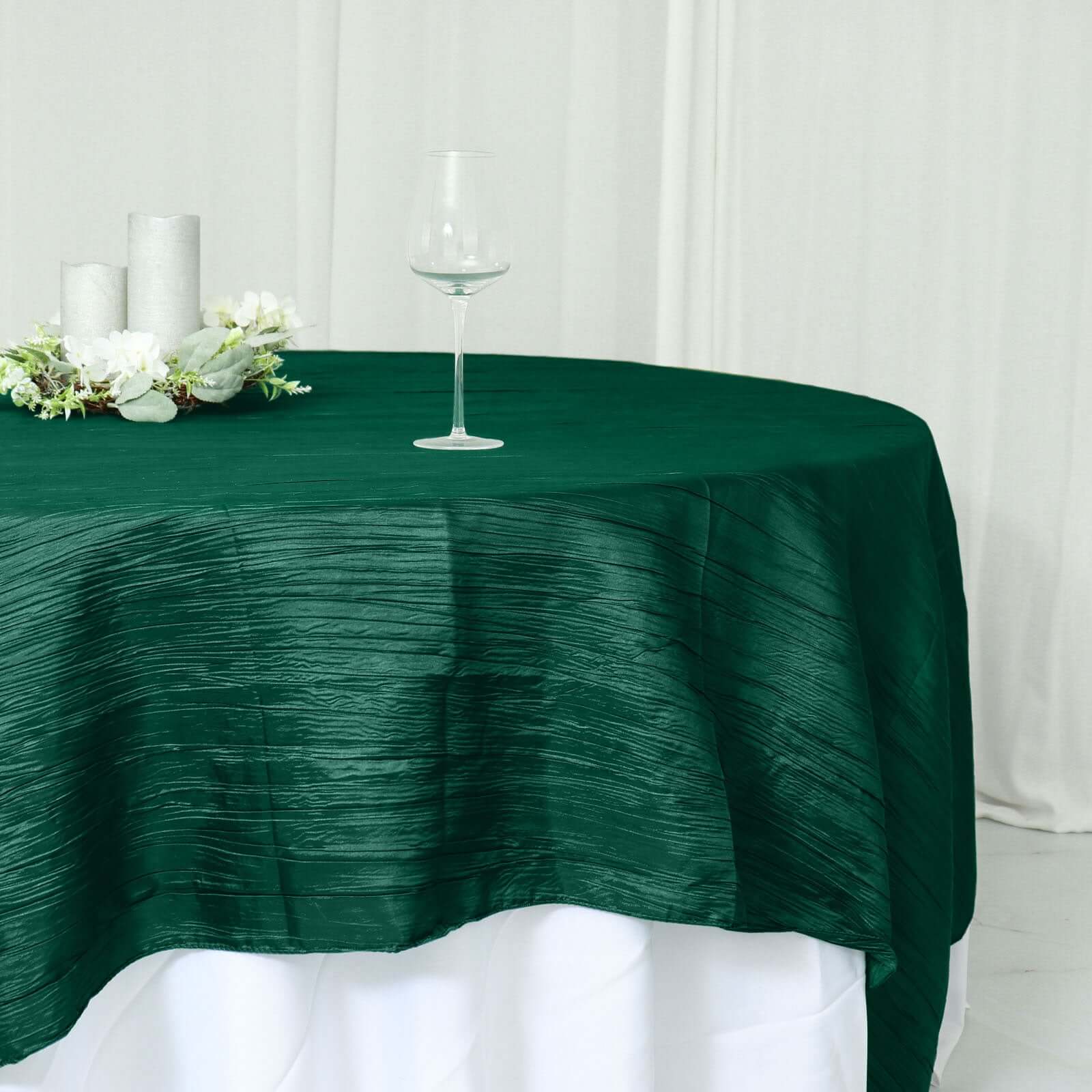 Hunter Emerald Green 90x90 Square Accordion Crinkle Taffeta Table Overlay