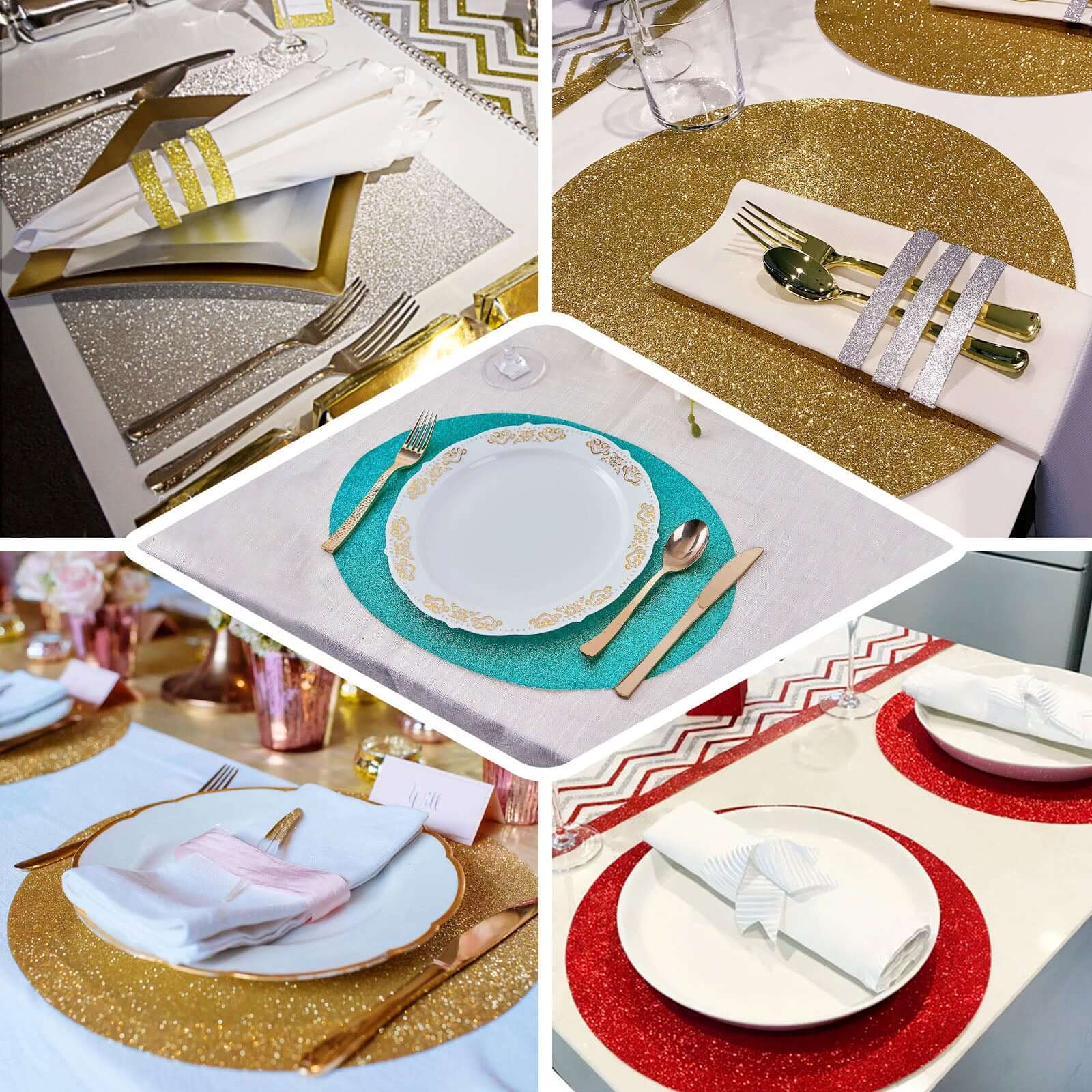 Hot Sale! 6-Pack Gold Glitter Round Non-Slip Placemats, 13" Diameter