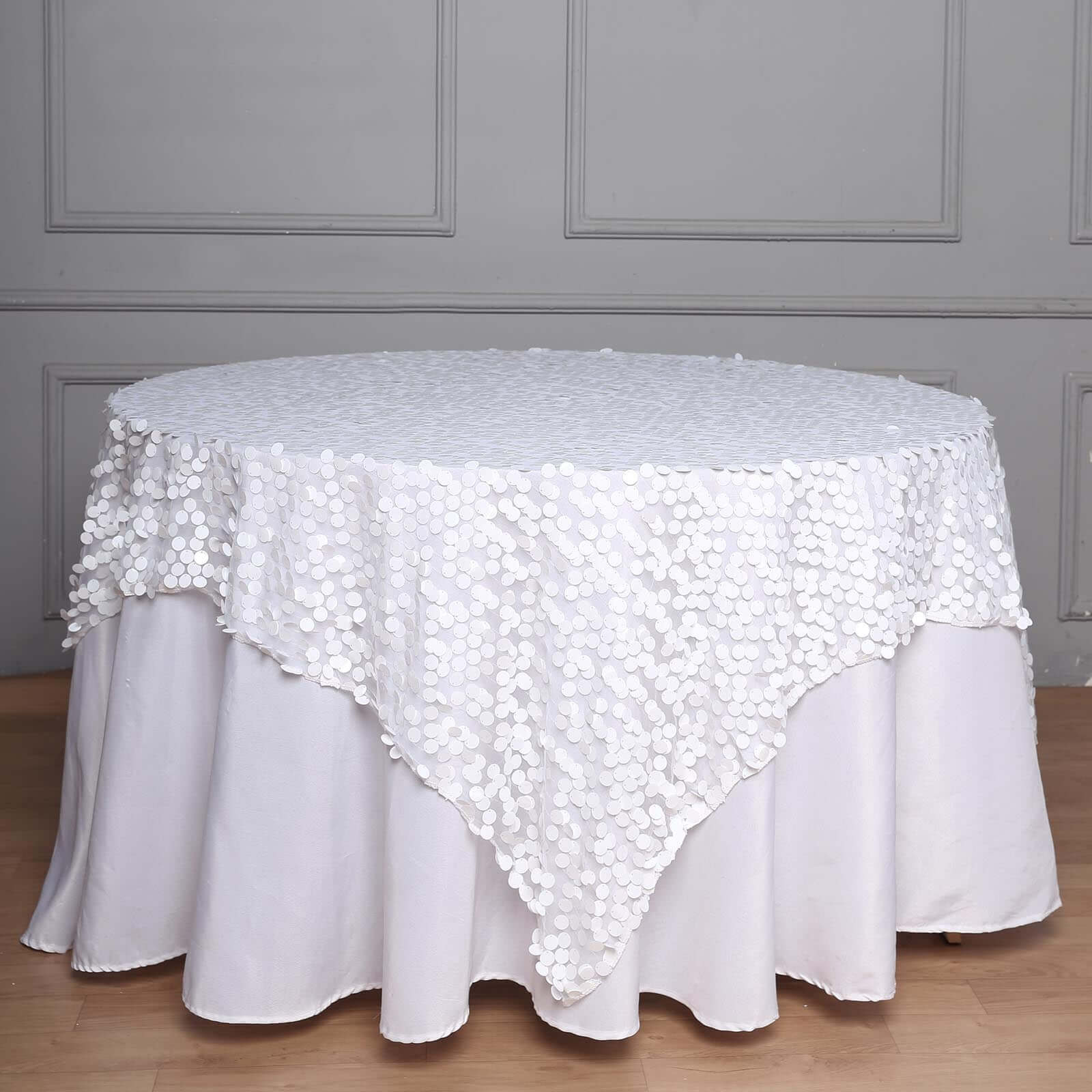 Big Payette White Sequin 72x72 Square Table Overlay for Elegant Celebrations