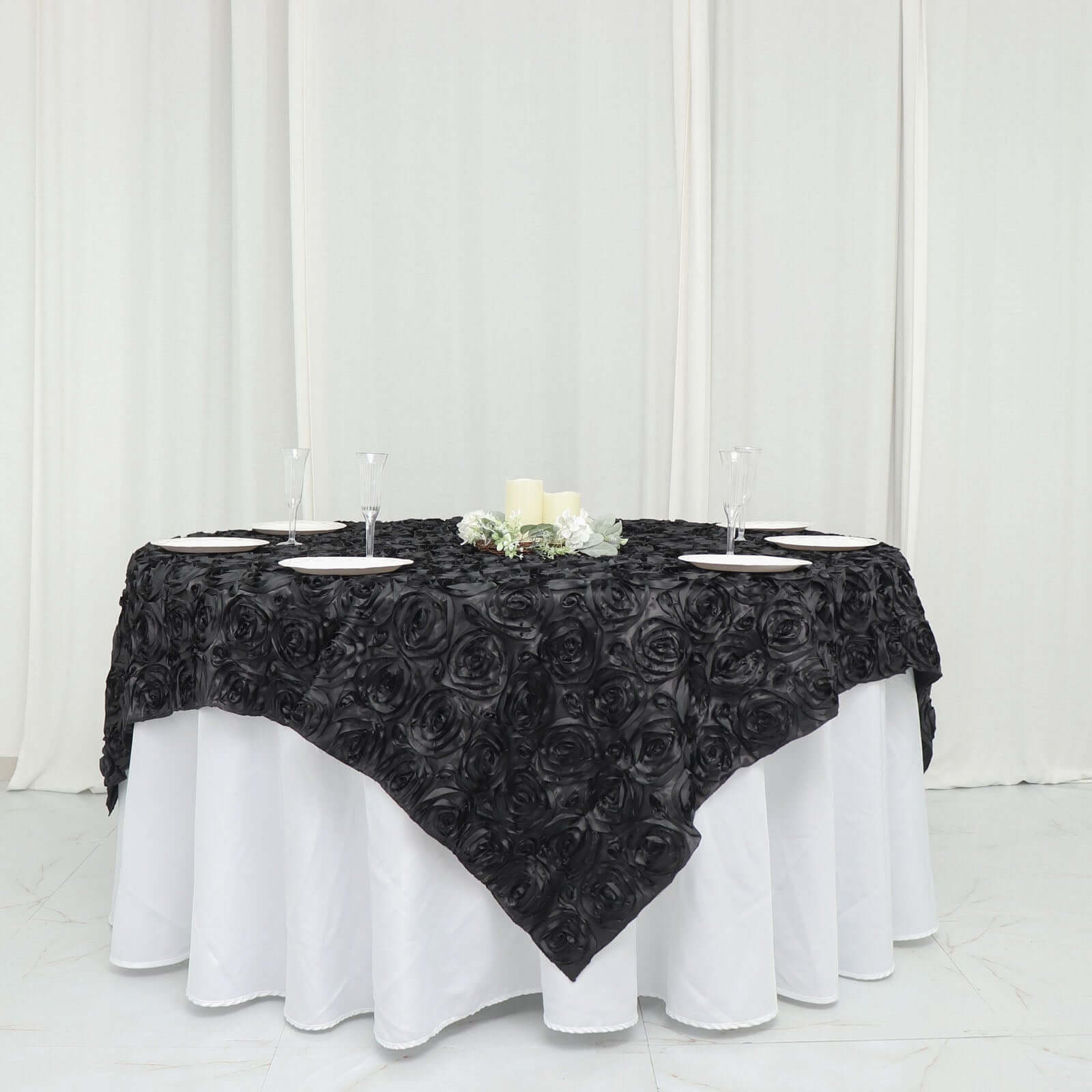 Black 72x72 Satin Square Table Overlay with 3D Rosette Design - Ideal for Stylish Events