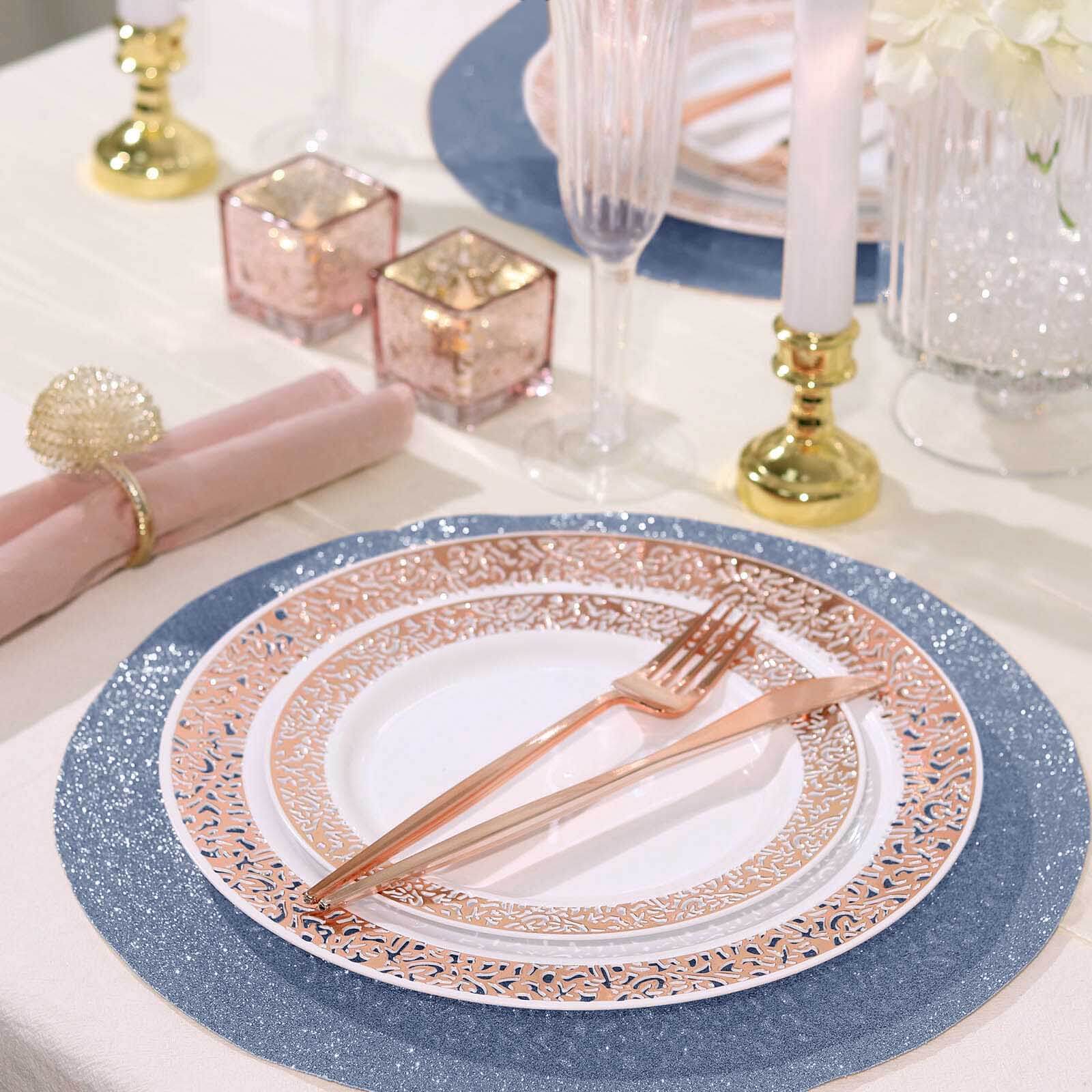 6-Piece Set of Dusty Blue Glitter Round Non-Slip Placemats for Dining Tables, 13 inches