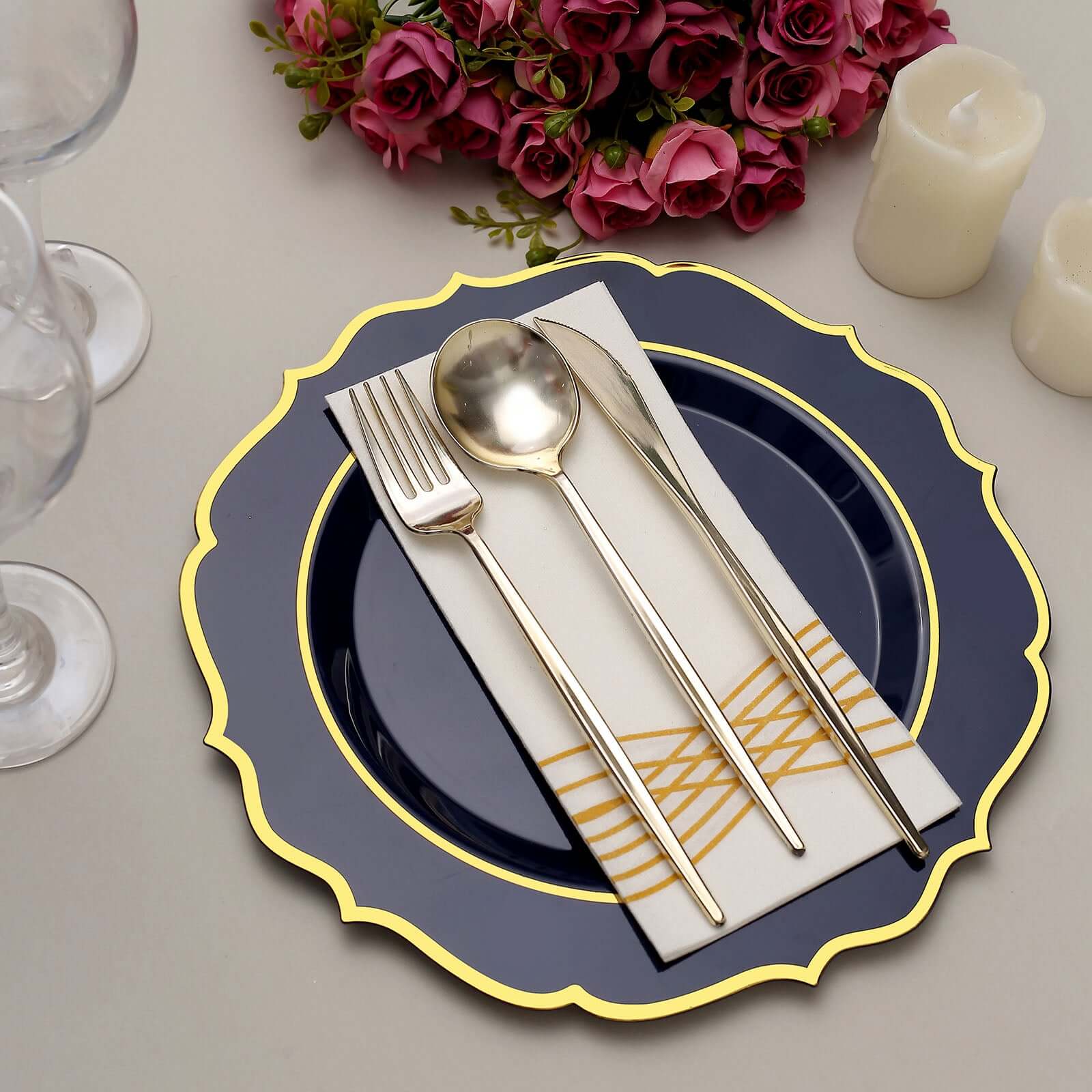 10-Pack Disposable Navy Blue Plastic Round Dinner Plates with Gold Scalloped Rims - Ideal for Parties