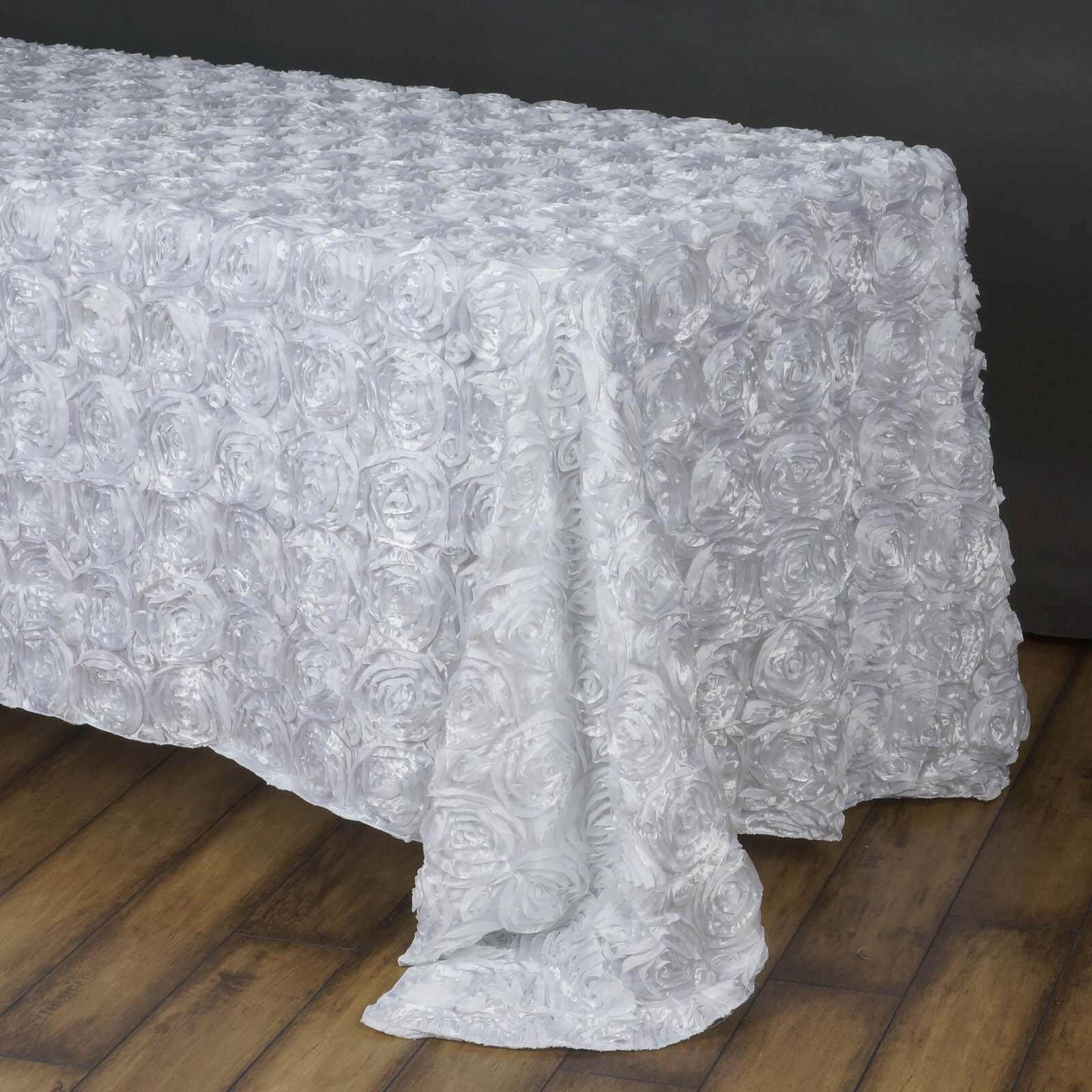White Satin 90x156 Rectangle Tablecloth with Elegant 3D Rosette Design for Fancy Celebrations