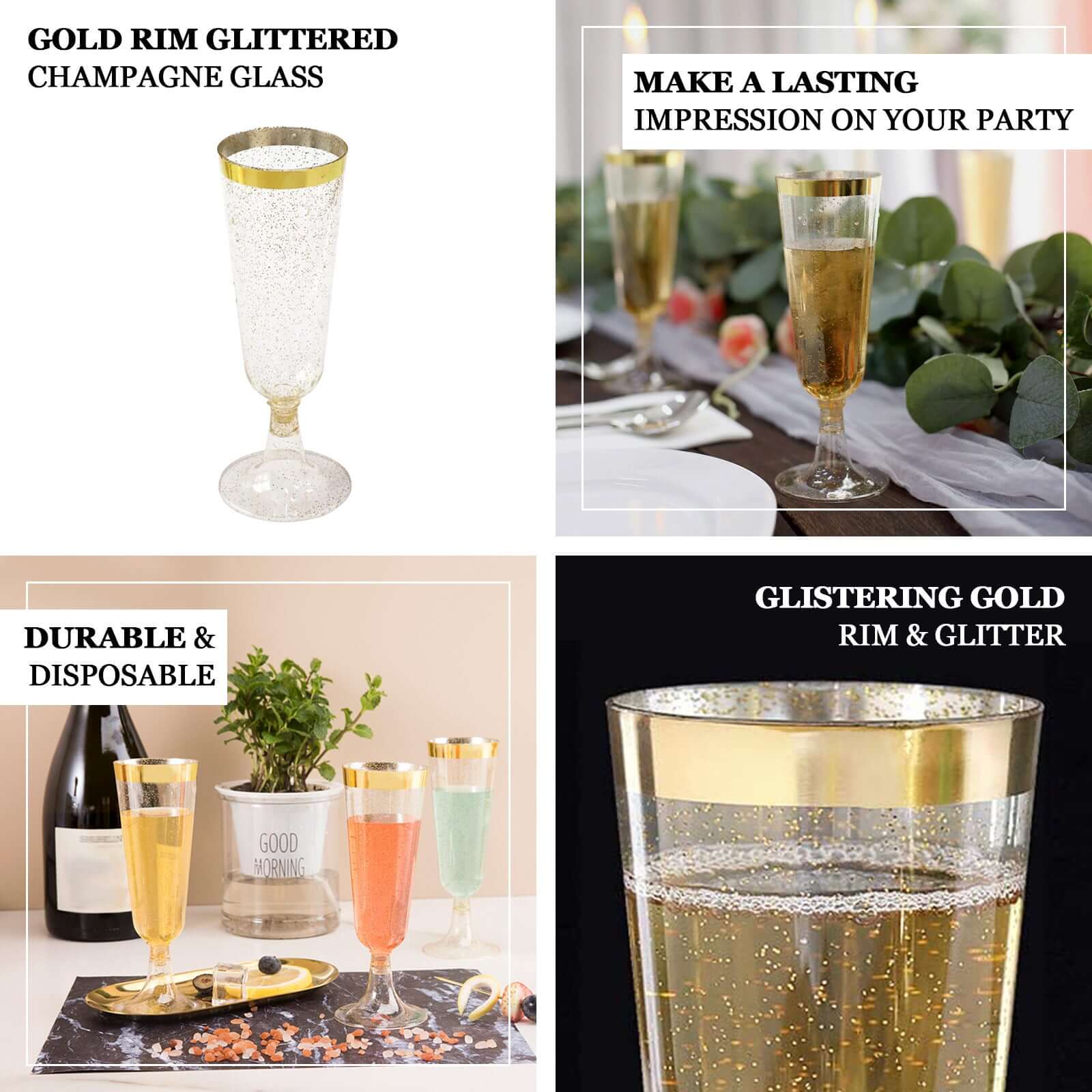 Hot Sale! 12-Pack Disposable Plastic Champagne Flutes with Clear Body, Gold Glitter, and Gold Rim for Parties, 6oz