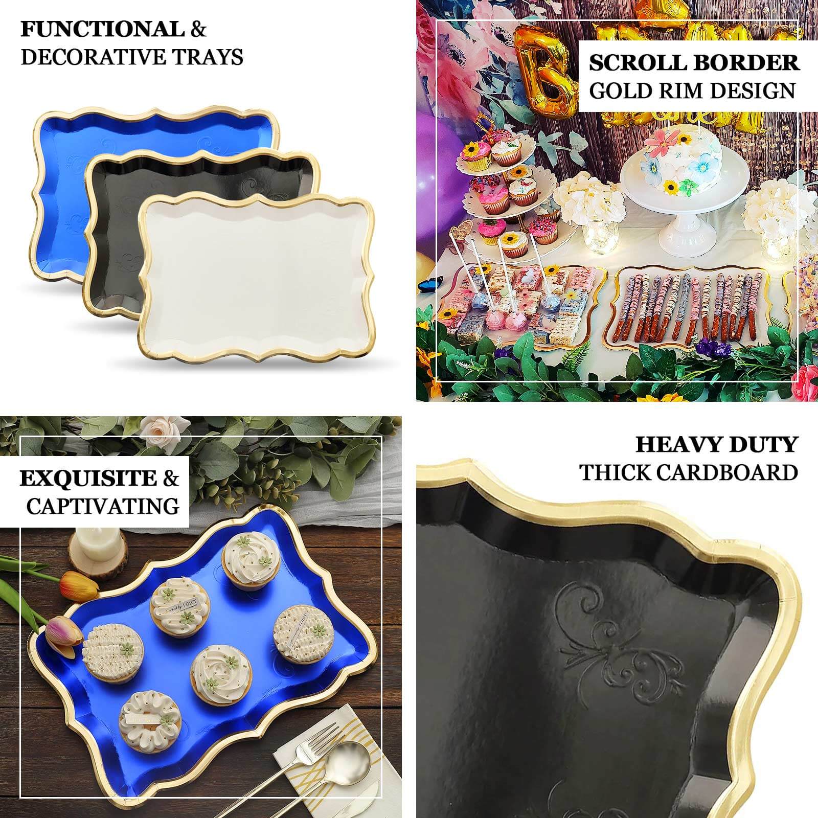 10-Pack Heavy Duty Disposable Royal Blue Paper Serving Trays with Gold Rim for Weddings & Parties