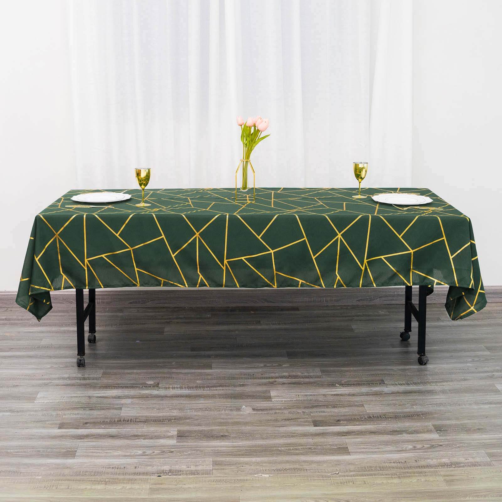 Wrinkle-Resistant & Durable Polyester Tablecloth in Hunter Emerald Green with Gold Foil Geometric Design