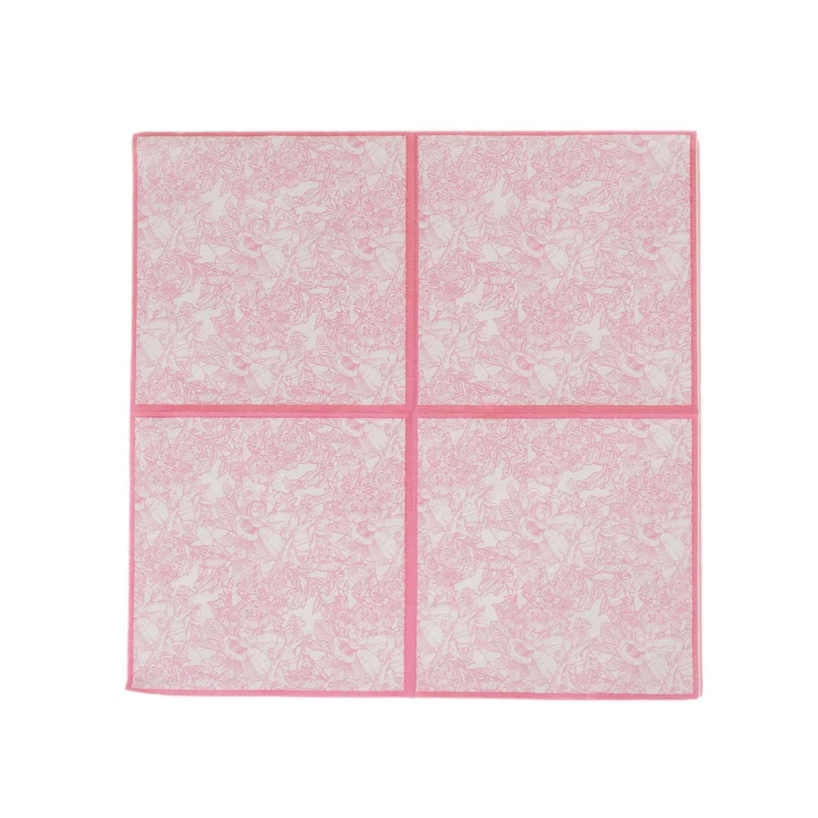 25-Pack Disposable Paper Cocktail Napkins with French Toile Floral Print in White/Pink - Highly Absorbent 2 Ply
