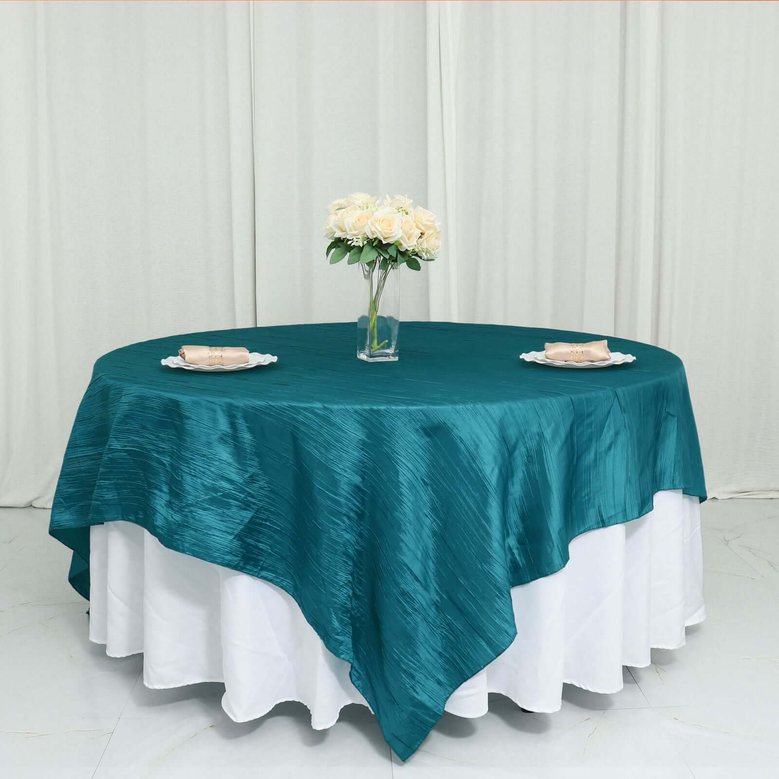 Exclusive Peacock Teal 90x90 Crinkle Taffeta Square Table Overlay