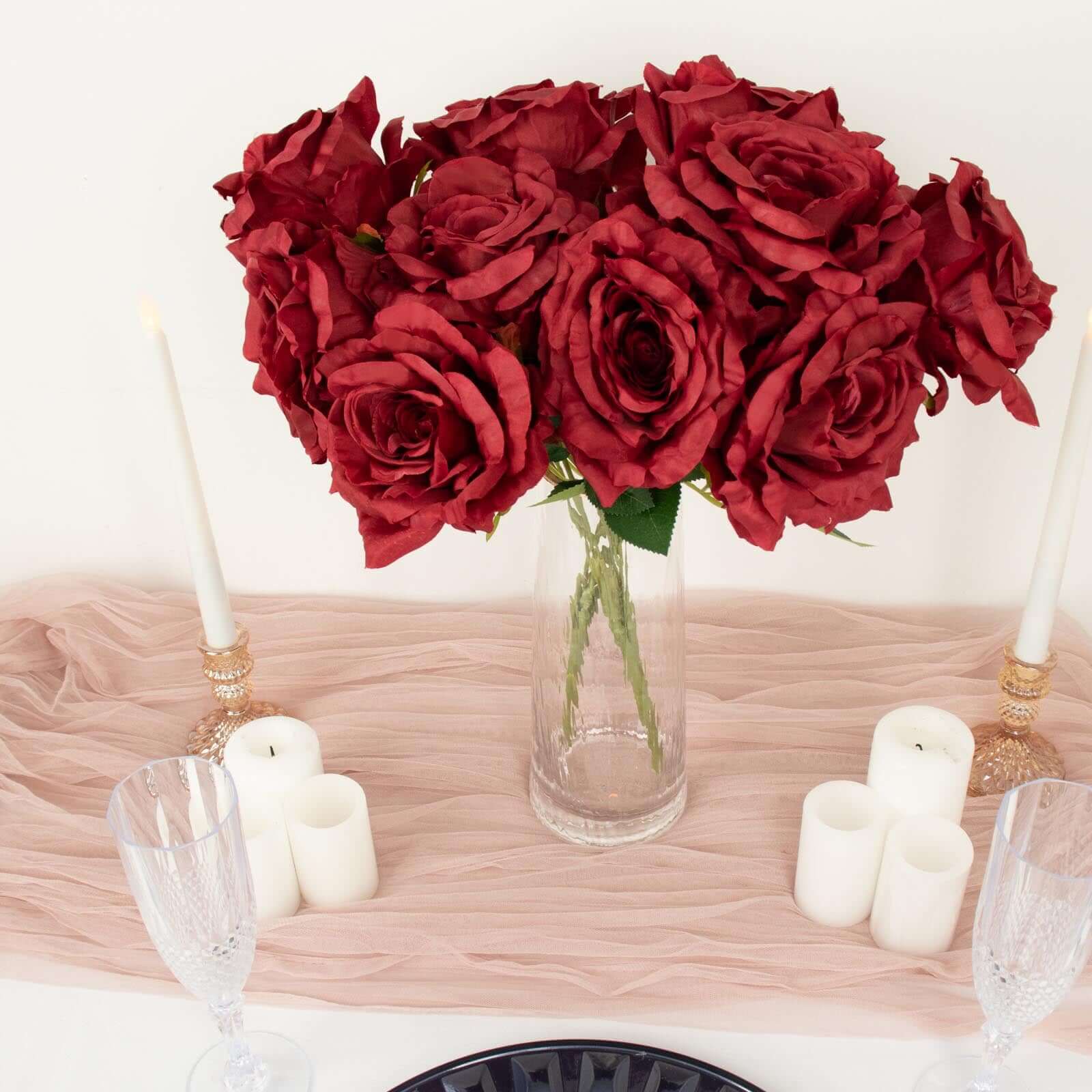 Premium Artificial Burgundy Silk Jumbo Rose Flower Bouquet for Weddings and Decorations
