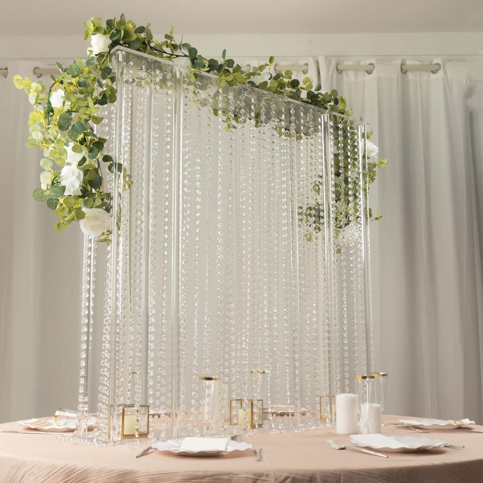 Clear Acrylic Rectangular Centerpiece Stand with Pre - chained Crystal Beads - Durable 40x40 Flower Pedestal