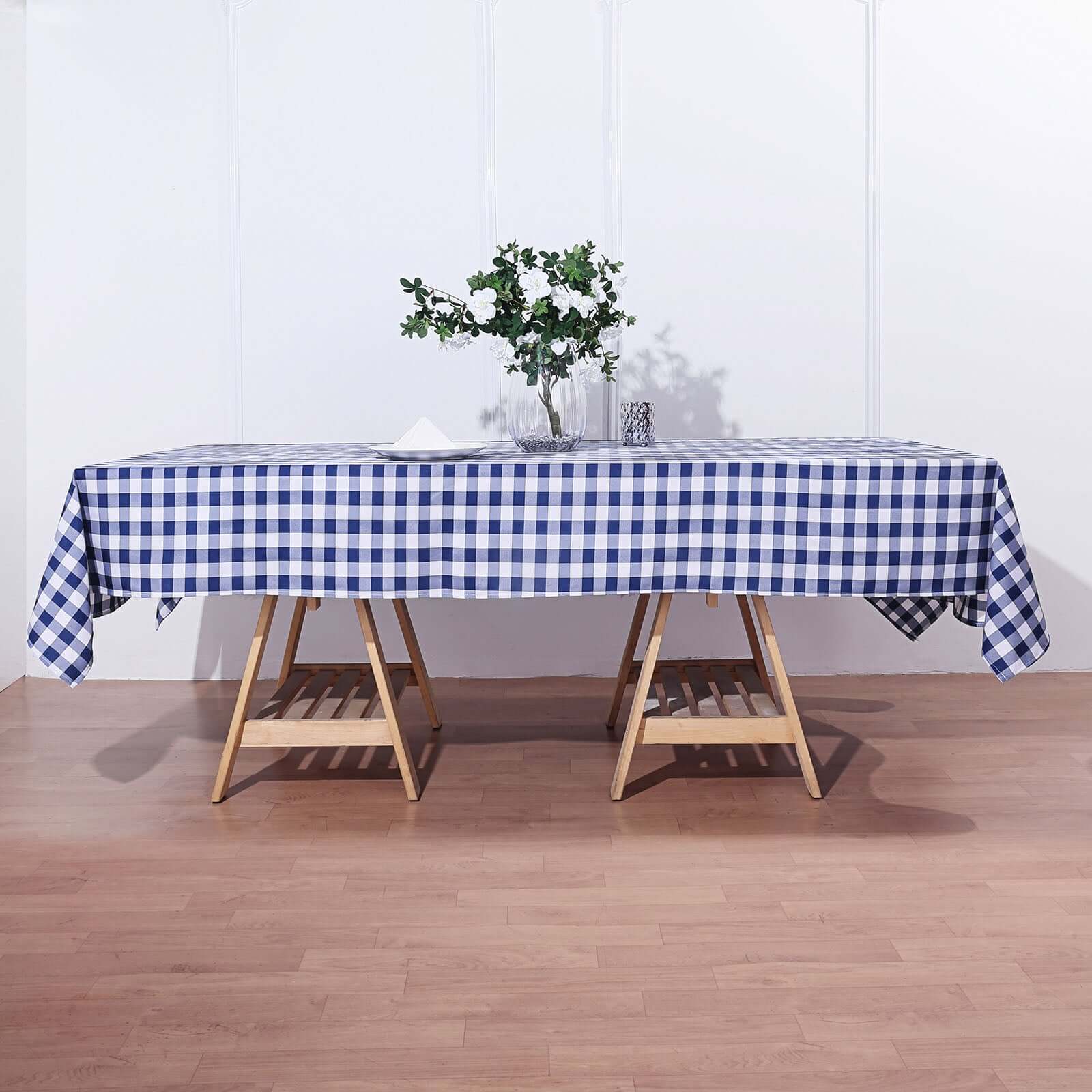White/Navy Blue Checkered Buffalo Plaid Polyester Tablecloth - 60x102, Ideal for Events