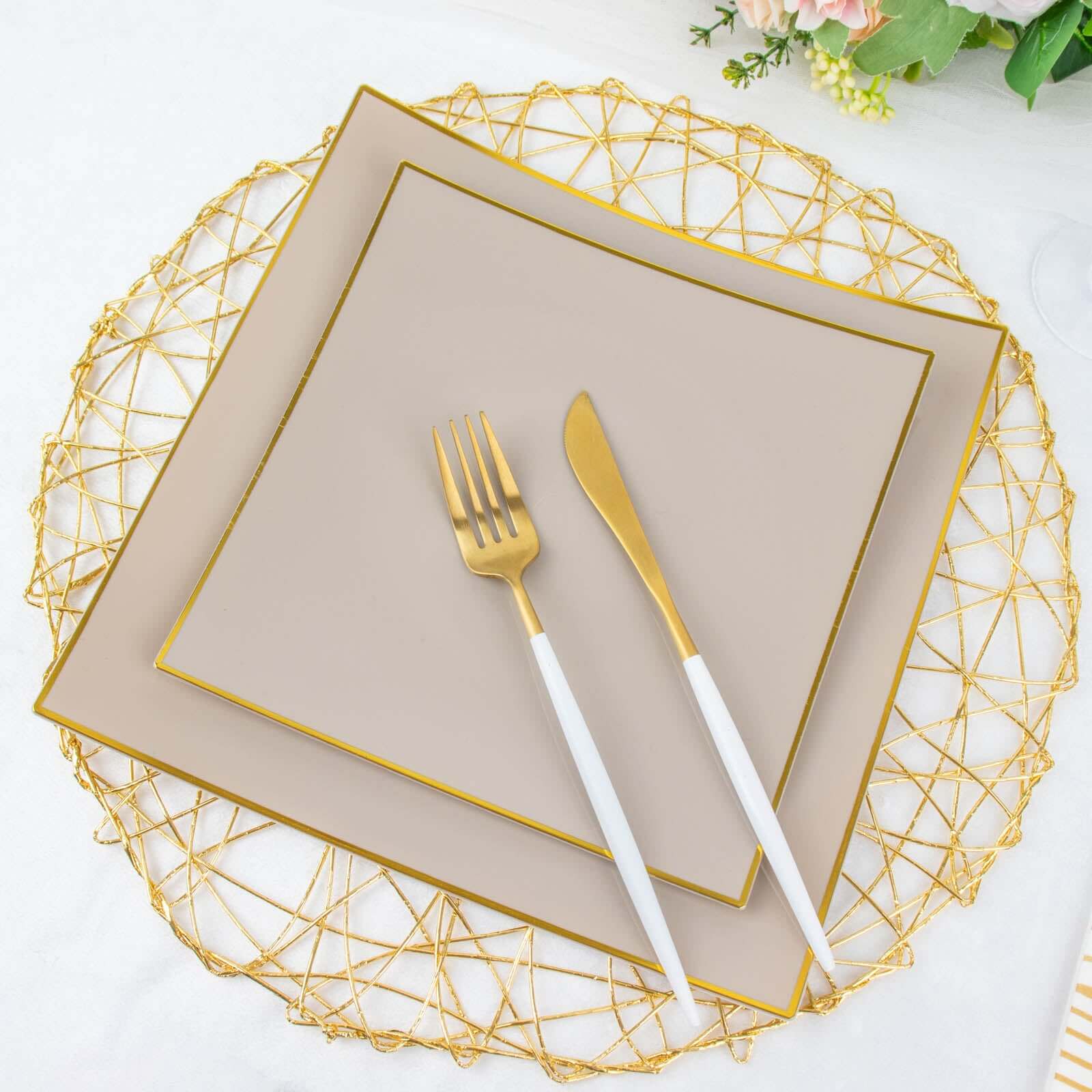 10-Pack Disposable Taupe Plastic Square Dessert Plates with Gold Rim - Ideal for Parties
